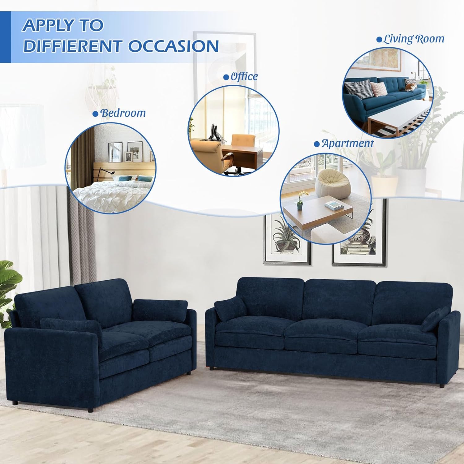 69” Chenille Loveseat Sofa w/Arm Pillows, Upholstered 2-Seater Sofa w/Comfortable Back Cushions, Modern 2 Seats Couch w/High-Density Foam for Living Room, Apartment, Office, Blue