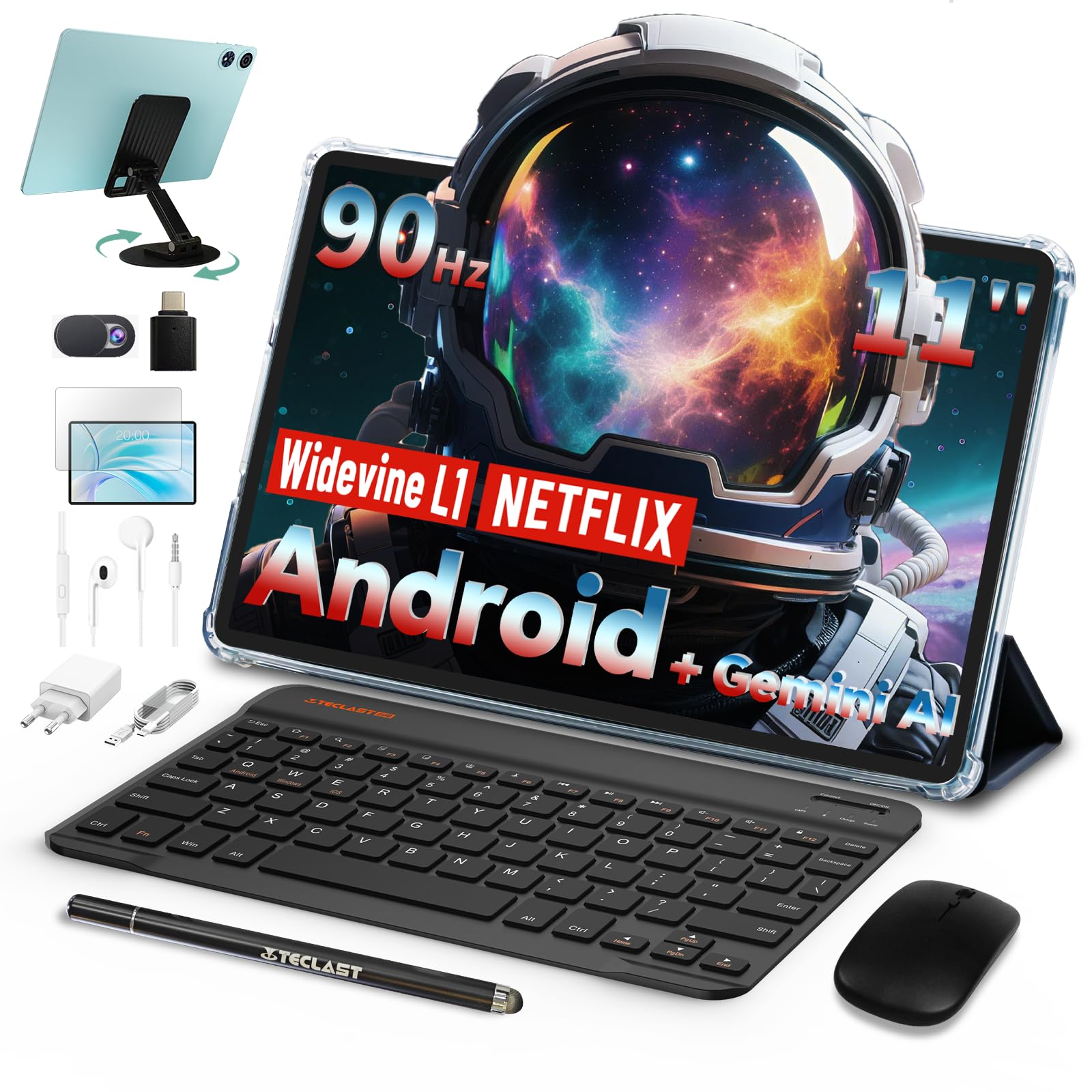 TECLAST P50 Tablet 11 Pollici 90Hz Tablets Android 15, 2.0GHz Octa-Core, 12GB RAM+128GB ROM/TF 4TB/7000mAh/Widevine L1/GPS/BT5/OTG/Tablet con Tastiera+Custodia+Penna+Auricolari, 10 Accessori