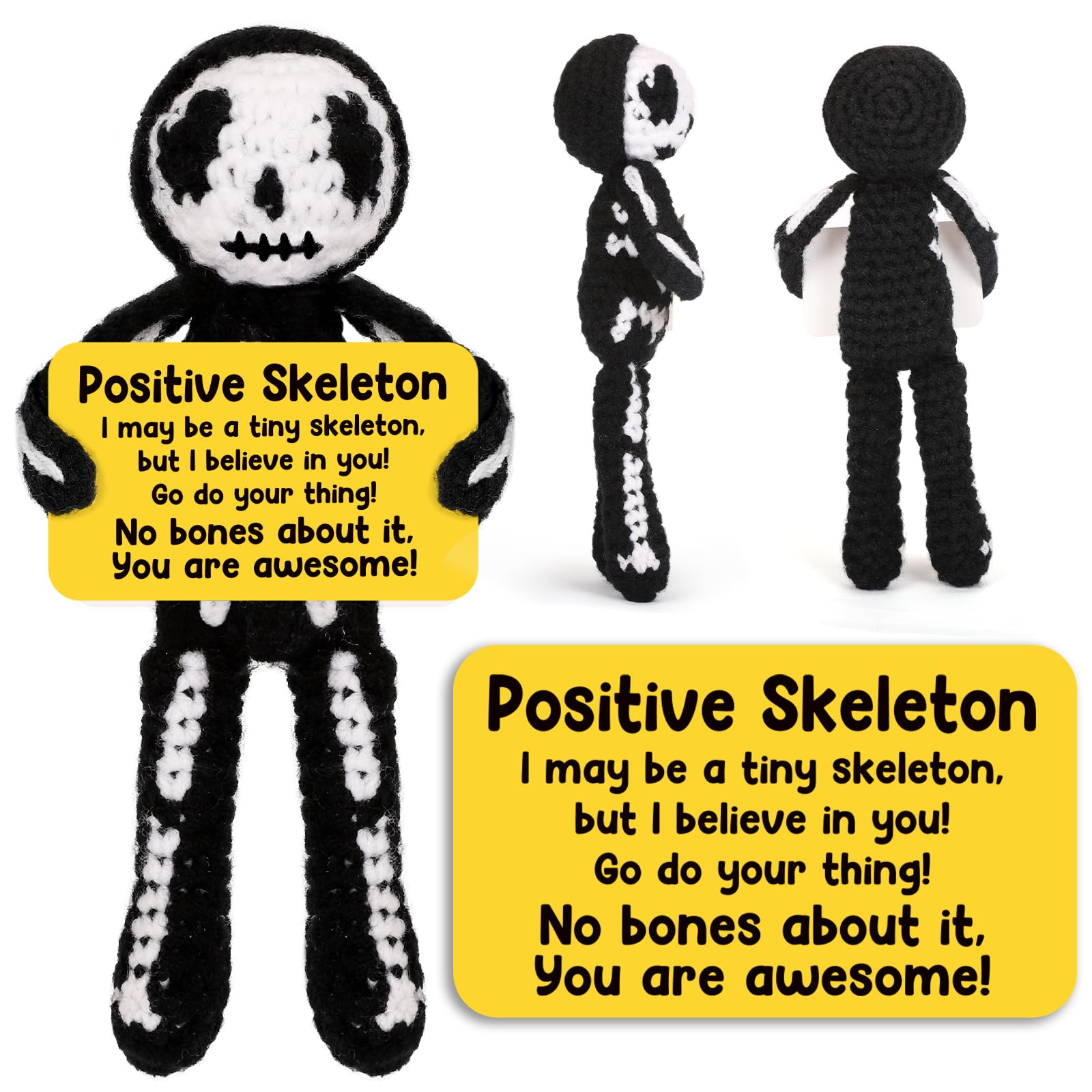 Hweijm Positive Skeleton Skull Christmas Stocking Stuffer Crochet Gag Gift, Spooky Cute Mini Collectible for Teens Women Men Friends, White Elephant