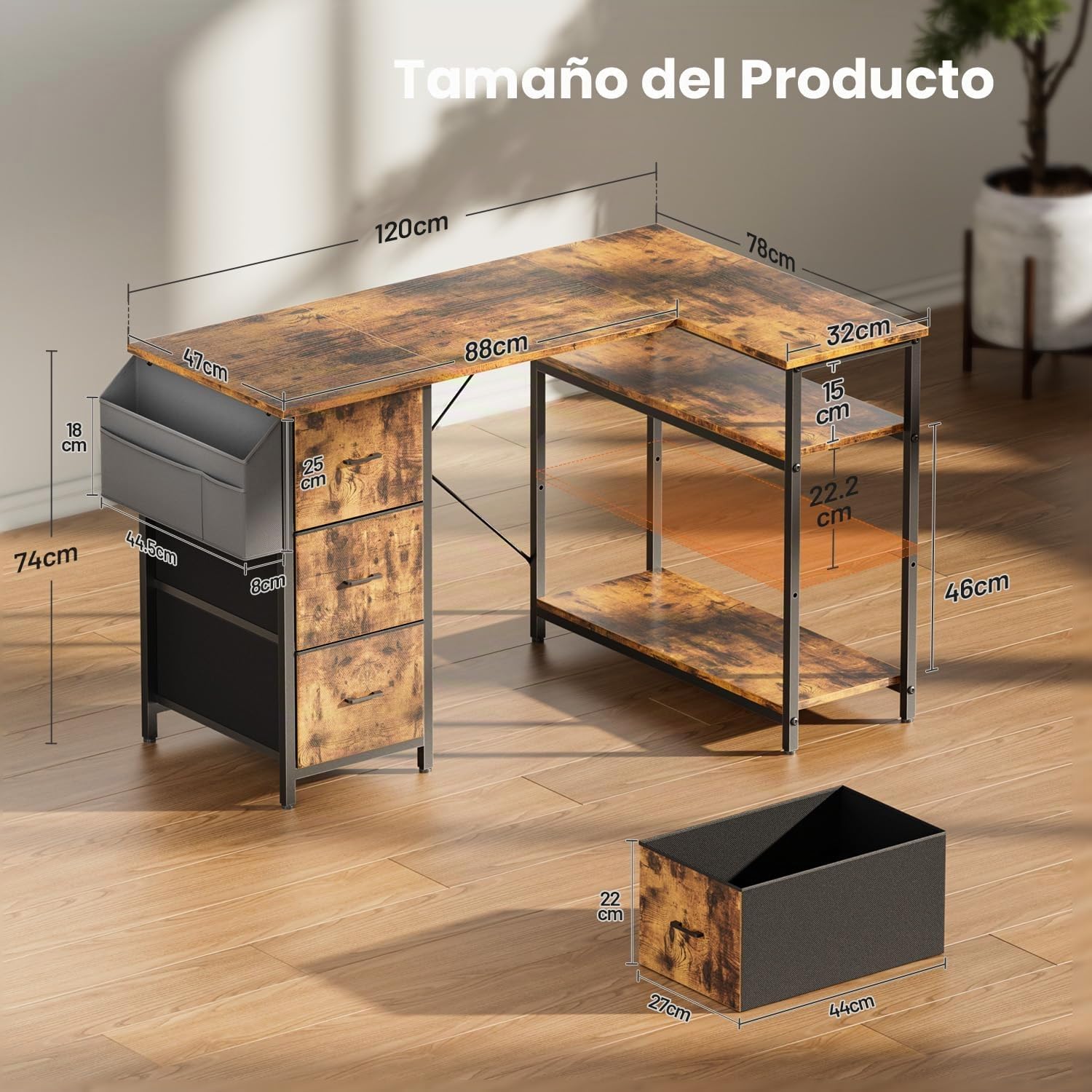 SOLAVERO Escritorio Esquinero, 120 x 78 cm Mesa Gaming, Escritorio en L con 3 Cajones, Mesa Ordenador con Bolsa de Almacenaje, Estante Ajustables, para Oficina en Casa, Estudio y Juegos, Marrón