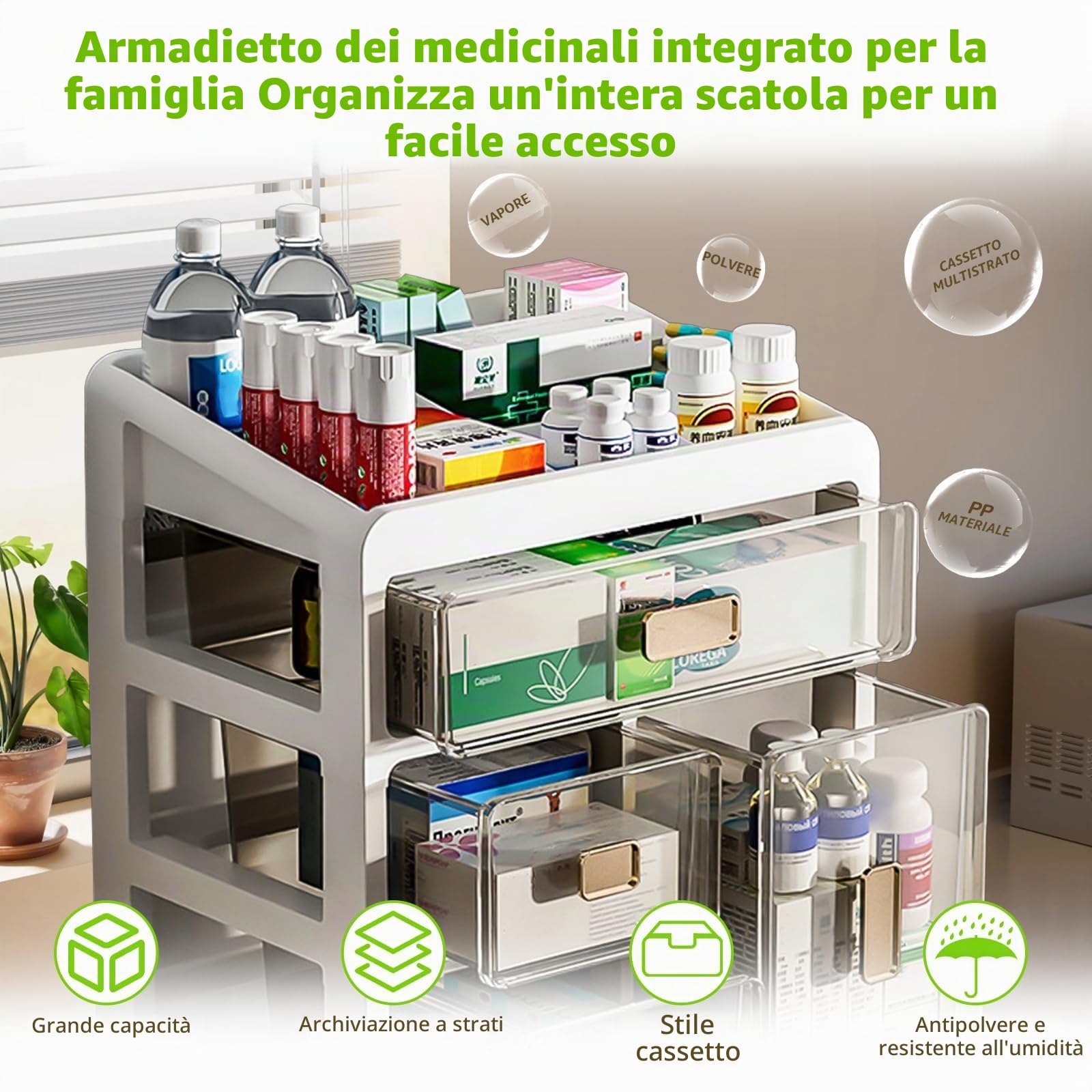 Organizzatore farmaci 4 Livelli in plastica Resistente | Trasparente, senza montaggio, Cassetti trasparenti, struttura integrata, pronto all'uso – ideale per casa e ufficio