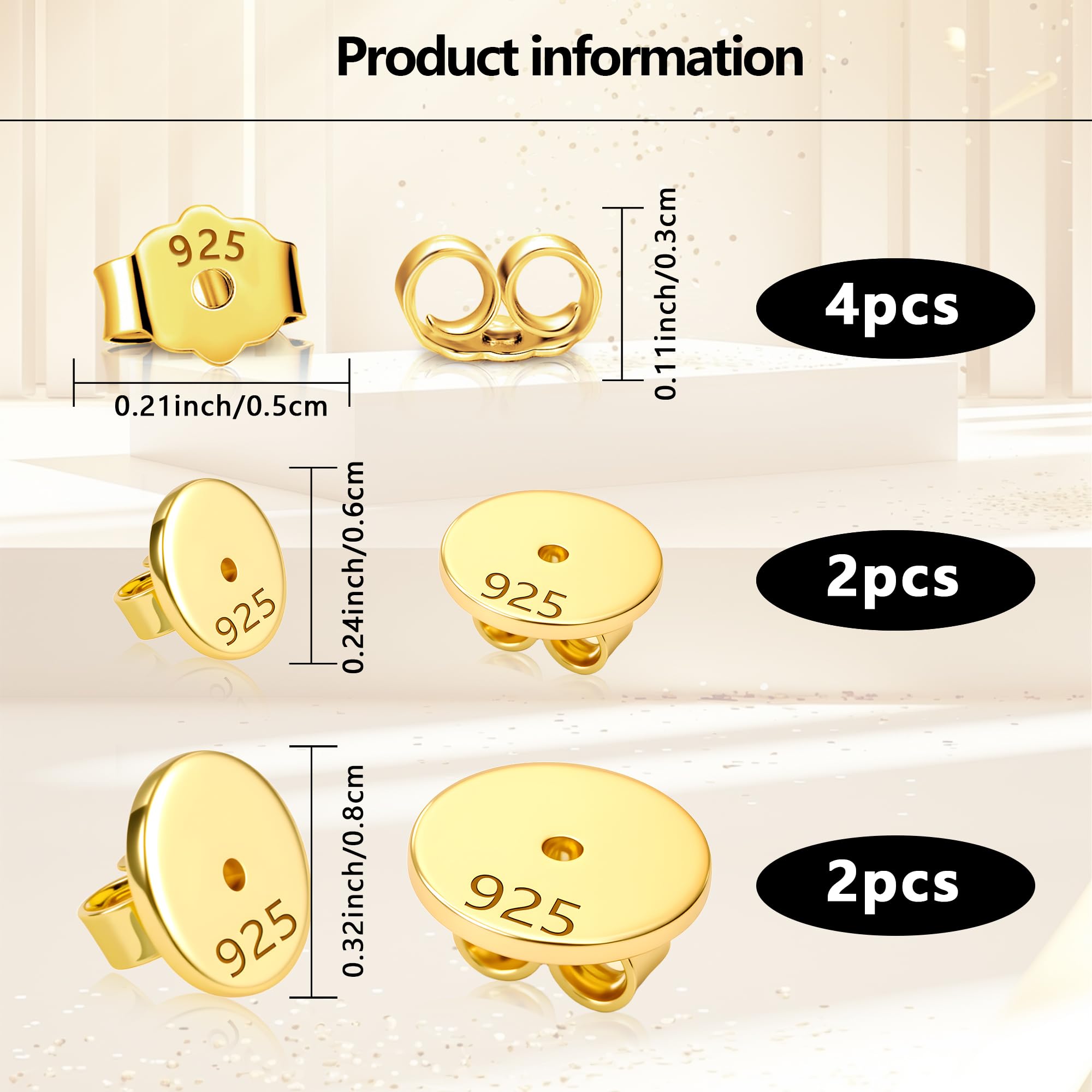 ALEXCRAFT 4Paar 925 Sterling Silber Ohrringverschlüsse, 14K Vergoldete Ohrstöpsel Sicher Ohrstecker verschlüsse Ersatz für Pfosten Schmetterlings Ohrringverschlüsse Flache Ohrsteck Ohrring Stopper