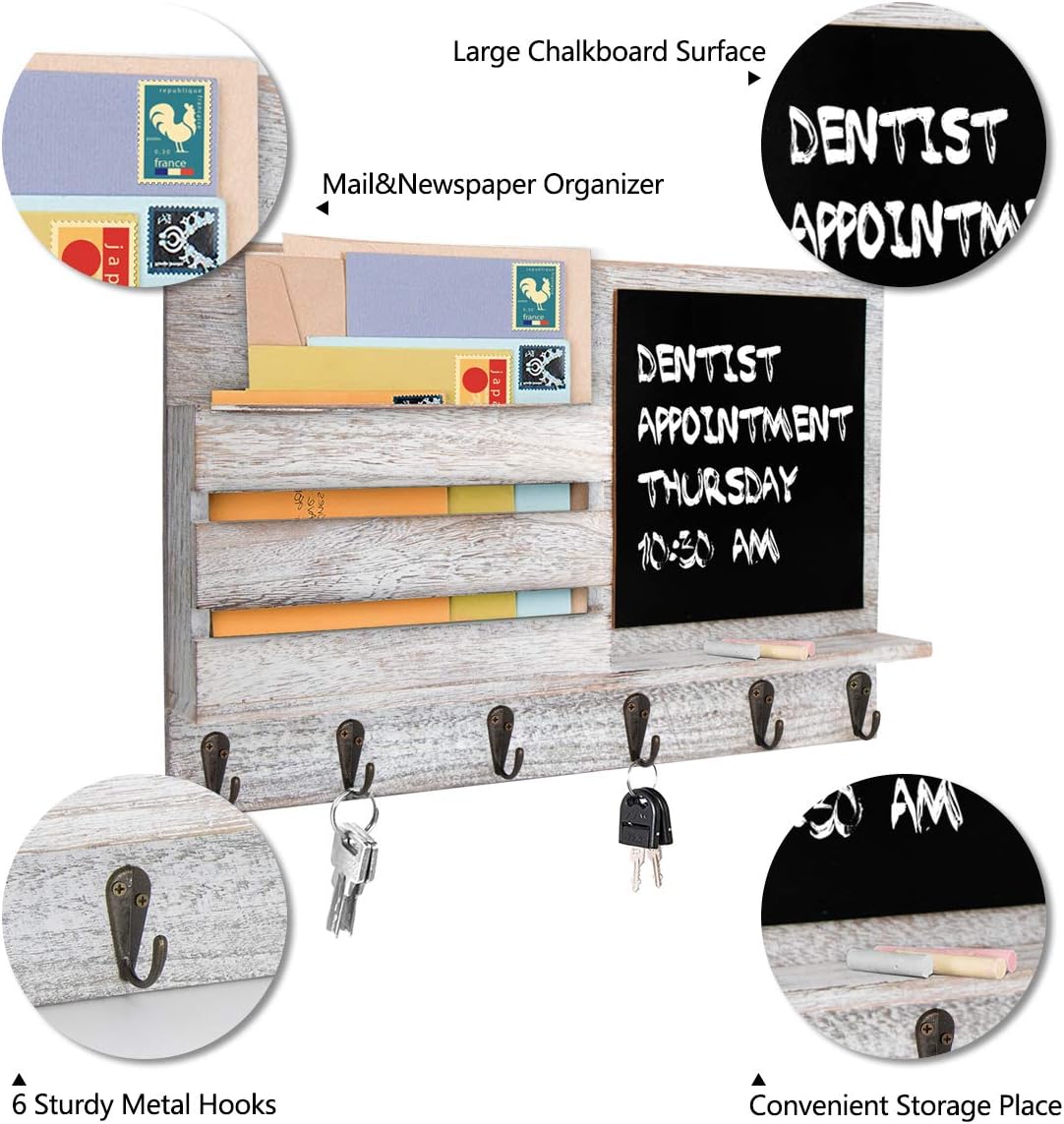 Honest Rustic Wood Wall-Mounted Mail Organizer with Chalkboard Surface & 6 Metal Key Hooks, Enytryway Organizer Wall Decor Mail Holder for Magazine,Newspaper,Letter (Whitewashed)