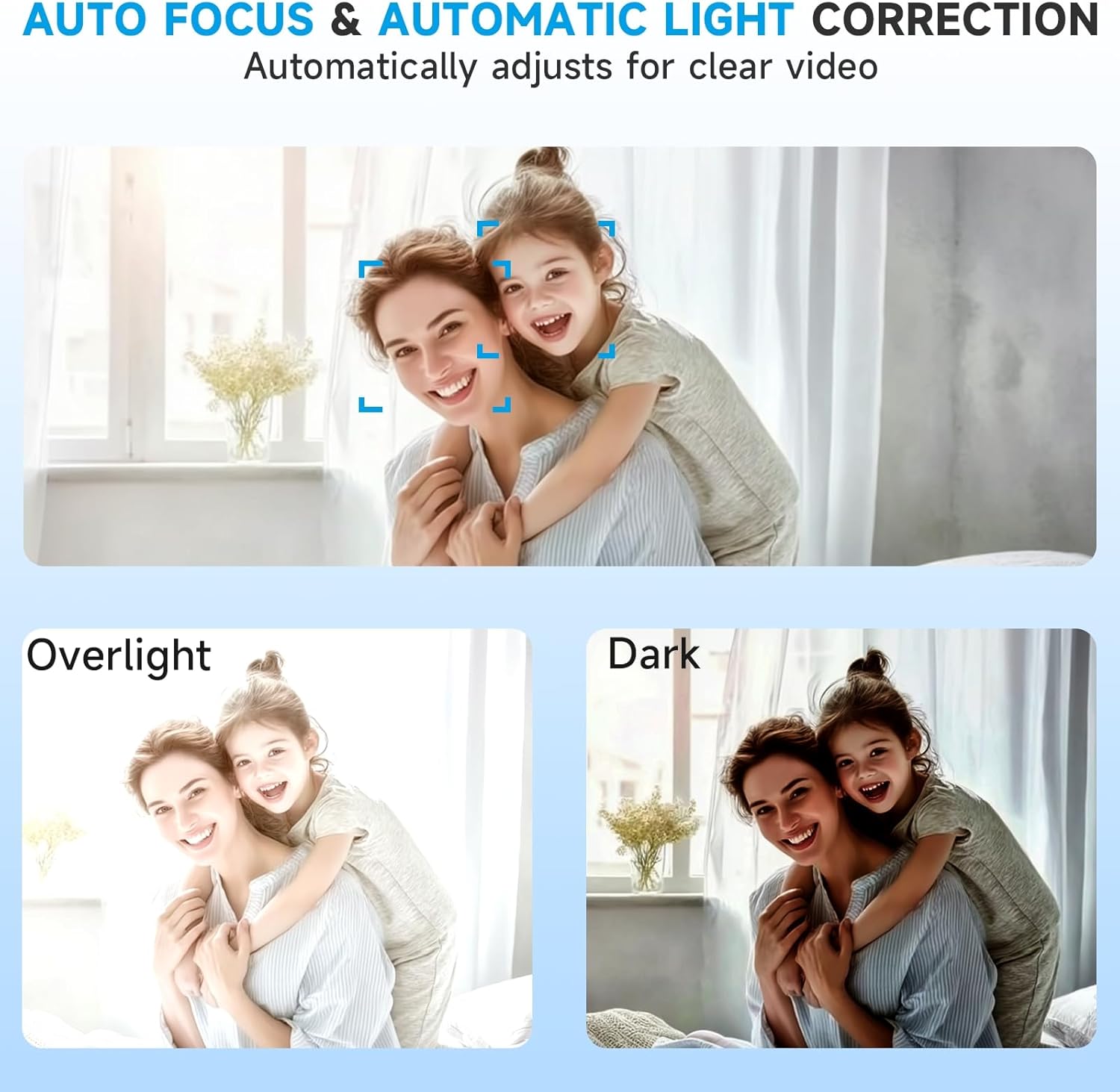 Image showing a person in varying lighting conditions (overlight, dark, and normal) demonstrating the webcam's auto focus and automatic light correction features.