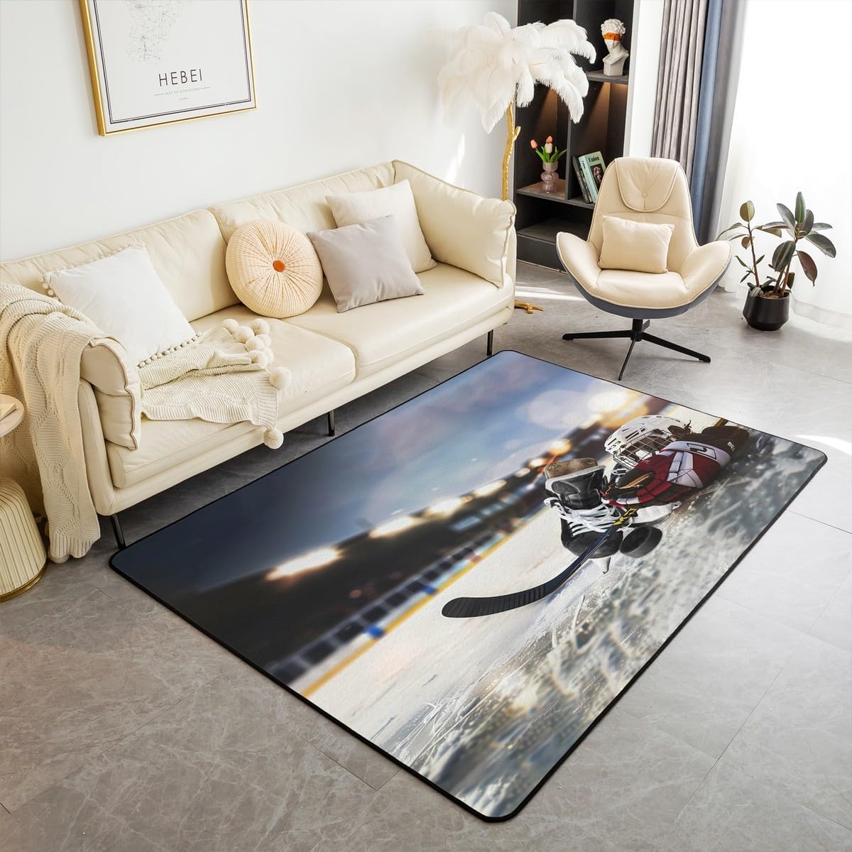 jejeloiu Ice Hockey Area Rug 4x5 Hockey Punk Rugs for Living Room Bedroom Hockey Player Floor Mat Winter Sports Hobby Soft Cozy Carpet Decor