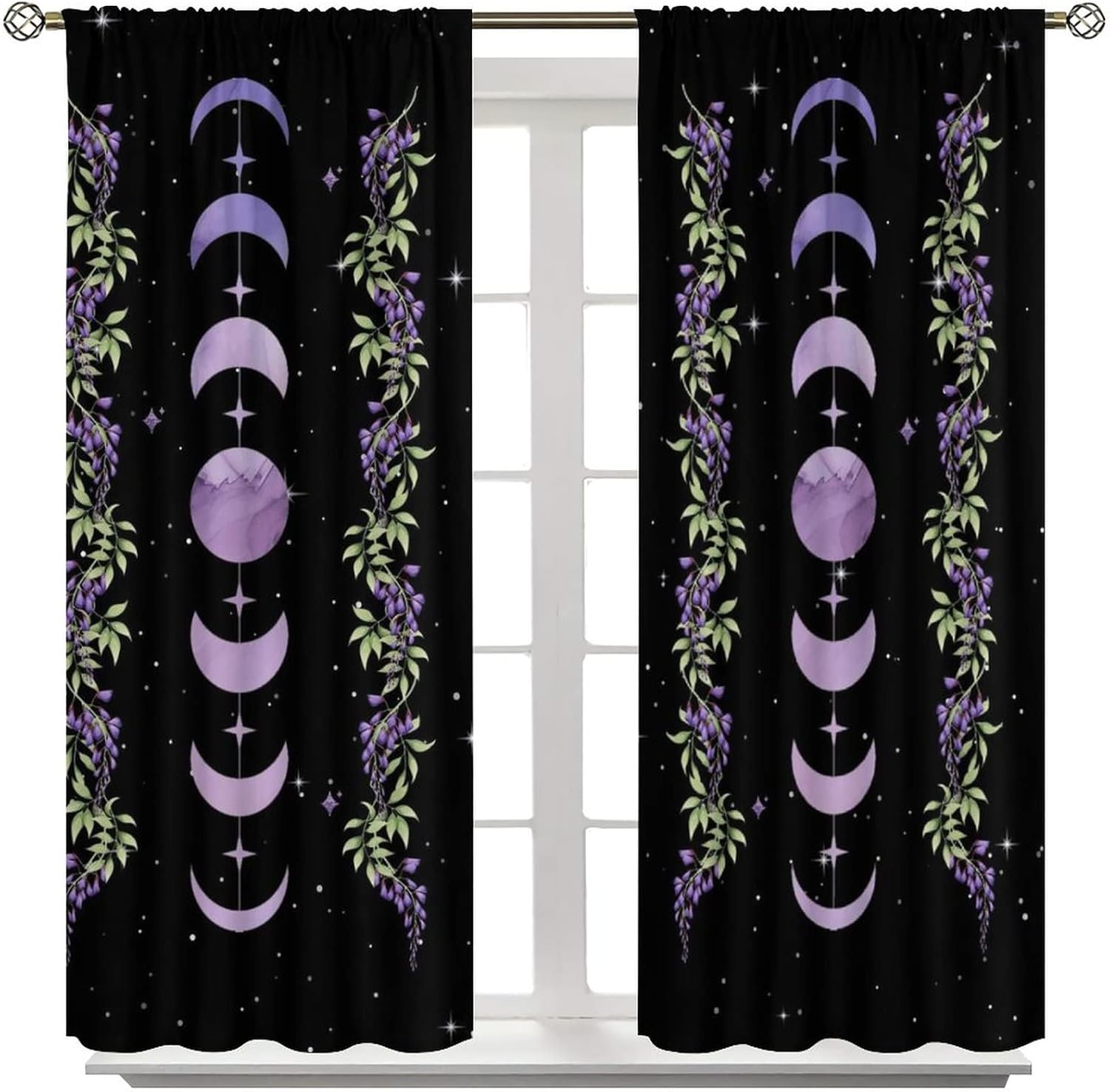 Moon Flower Bedroom Curtains,Natural Plant Phase Moonlight Bohemian Natural Print Living Room Decor Curtains 52x84in, 52x84 Inch【Decor】