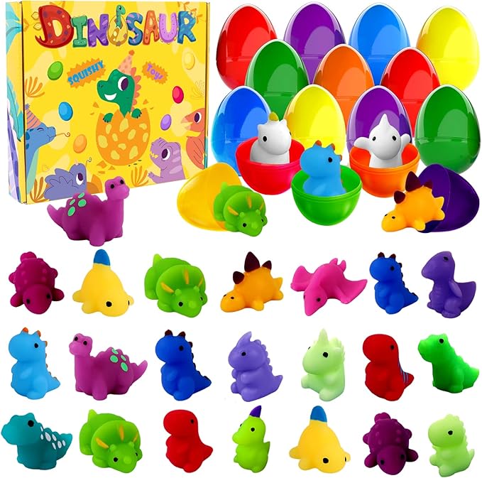 JOICEE 24pcs Dinosaur Squishy Toy Prefilled Easter Eggs, Kawaii Mochi Squishies Stress Relief Toys Filled Plastic Easter Eggs for Easter Basket Stuffers Party Favor Egg Hunt for Kids