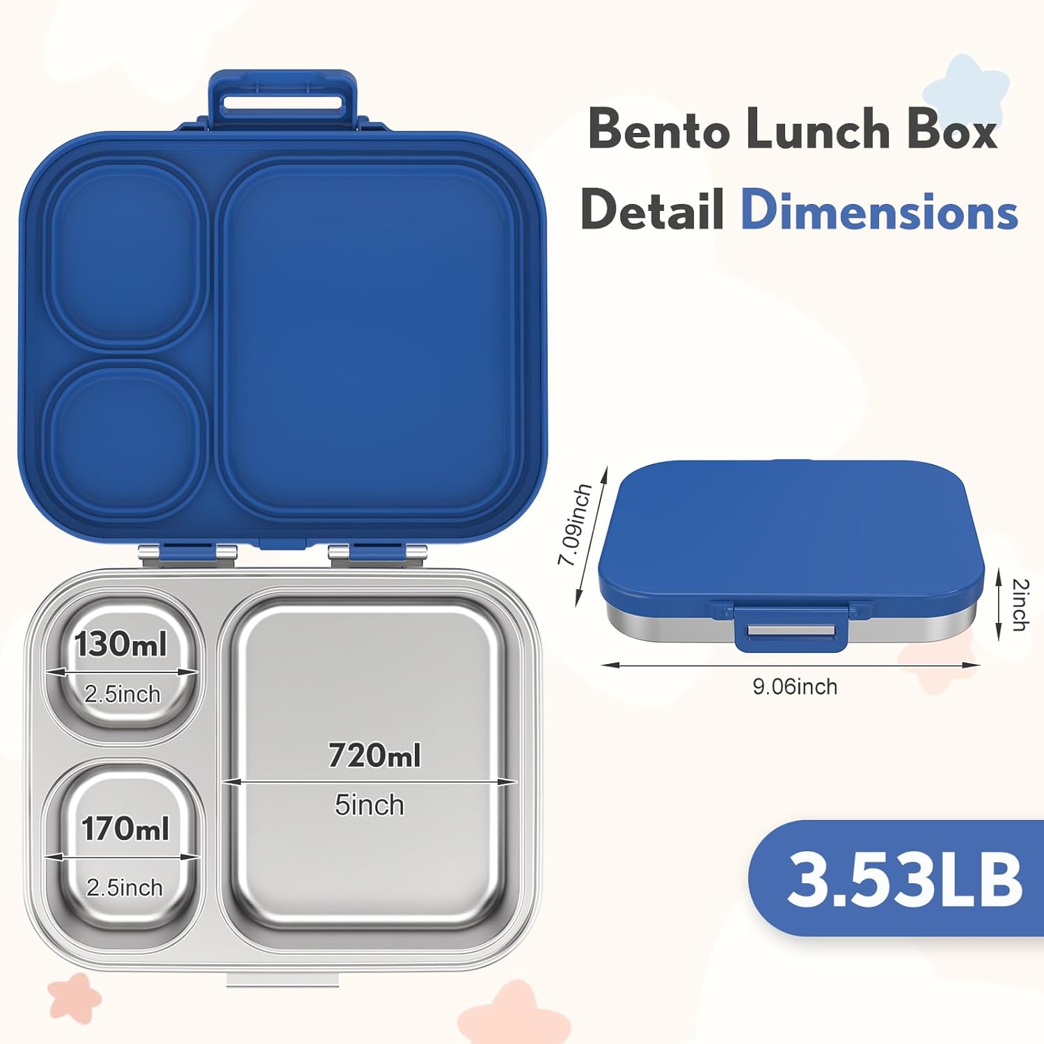 Stainless Steel Bento Box Kids, Leak Proof Metal Bento Lunch Box,3 Compartments 304 Stainless Steel Bento Lunch Containers for School and Office, BPA-Free(Blue)
