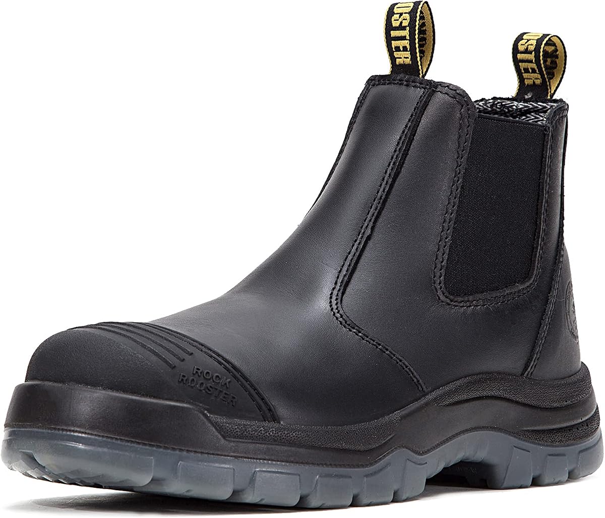 ROCKROOSTER Mens Work Boots, 6 inch Steel Toe, Pull On Safety Leather Chelsea Work Shoes Static Dissipative(AK227, AK222)