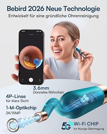 BEBIRD EarSight Ultra 5G Ohrenreiniger & Pflegegerät mit flexibler Otoskop-Kamera Ohrenschmalz Entferner Set 30+Zubehör HNO-sicher für Heimanwendung