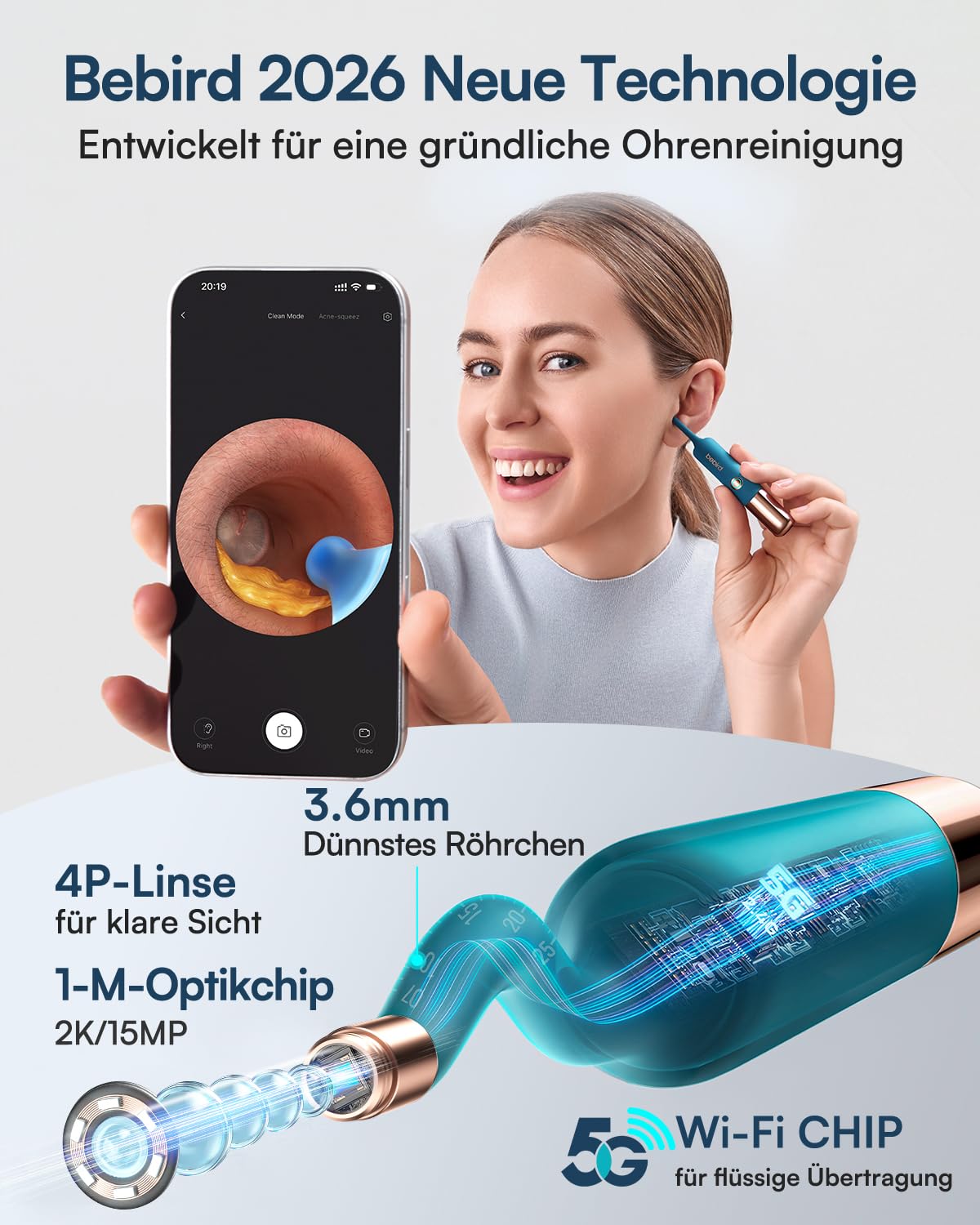 BEBIRD EarSight Ultra 5G Ohrenreiniger & Pflegegerät mit flexibler Otoskop-Kamera, Ohrenschmalz Entferner Set 30+Zubehör, HNO-sicher für Heimanwendung