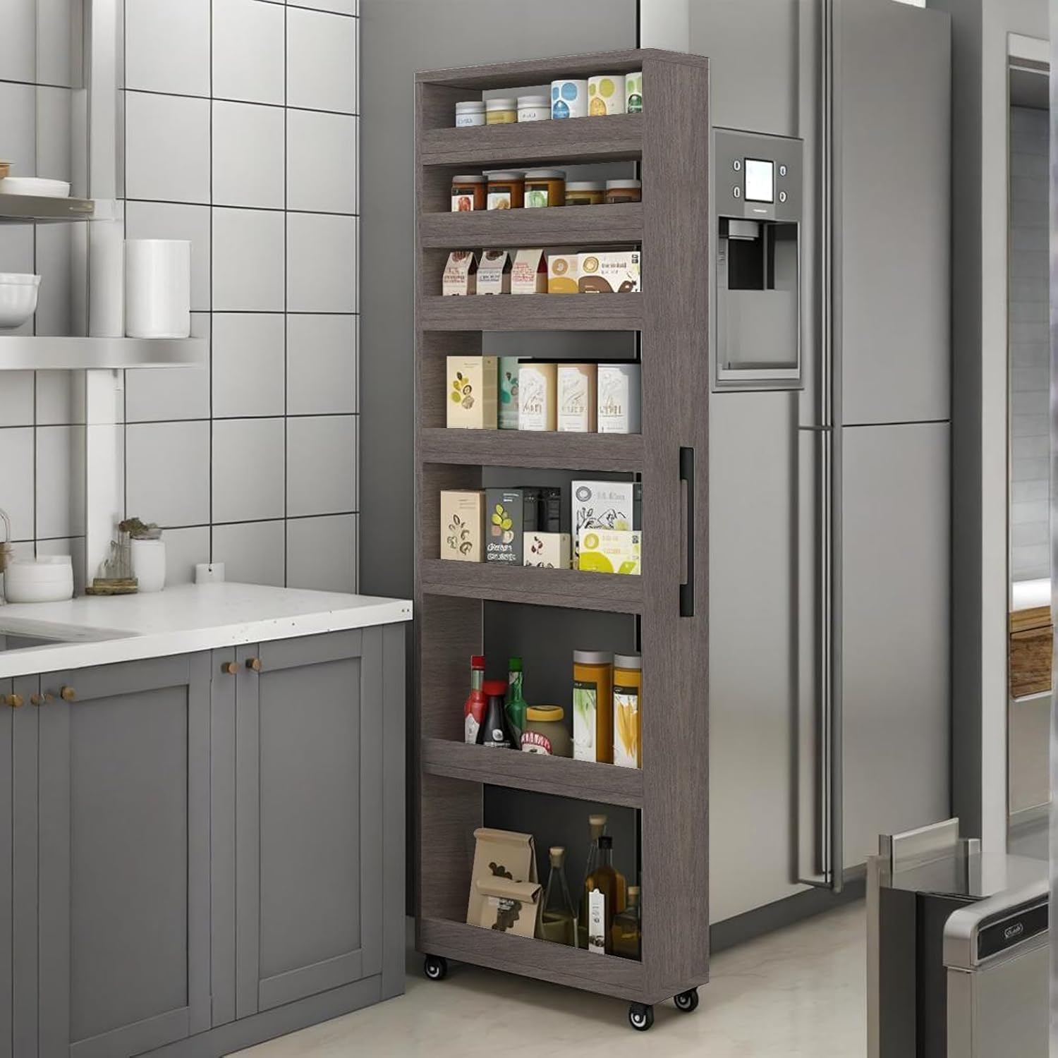 7 Tier Standing Shelf with Wheels, Wooden Slim Storage Cart, Thickened Plate, Scratch Resistant and Wear Resistant, for Home, Kitchen, Bakers, Closet, Pantry, Dining Room