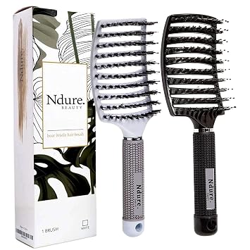 Performore Vented Boar Bristle Styling Hairstreaq Detangling Brush, Single White Brush Anti-Static Detangler, Wet or Dry Use, Fast Blow Drying, Use on Long or Short Hair. 2 Pack, White & Black