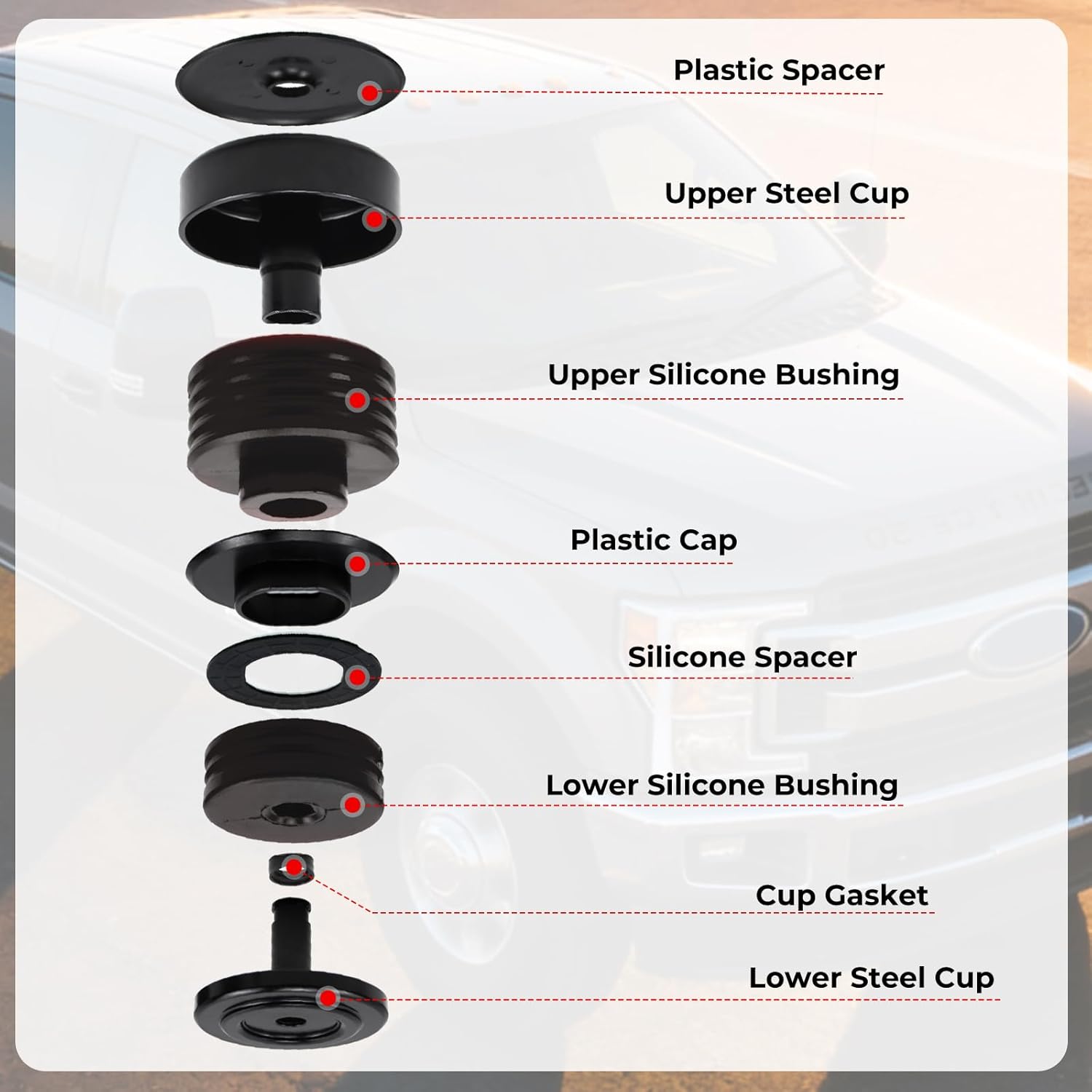 Silicone Body Mount Bushings Kit - Compatible with Ford F-250/F-350 2008-2016 Crew Cab - Durable Reduce Noise Improves Ride Comfort(Black)