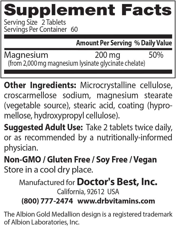 Doctor's Best High Absorption Magnesium Glycinate Lysinate, 100% Chelated, TRACCS, Not Buffered, Headaches, Sleep, Energy, Leg Cramps, Non-GMO, Vegan, Gluten Free, Soy Free, 100 mg, 120 Tablets : Health & Household