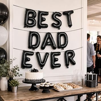 16 Inches Best Dad Ever Balloons Hanging Banner Decorations, Black Aluminum Foil Letter Balloons for Fathers Day, Birthday, Baby Shower, and Daddy-to-Be Party Supplies
