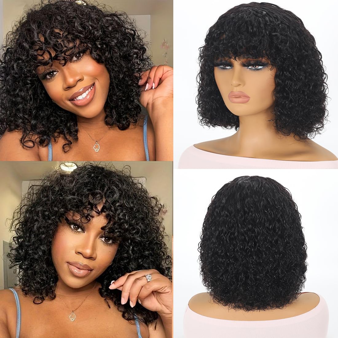 Wosama Curly bob Wig Human Hair With Bangs short curly Wig Human Hair None Lace Front bob Wigs Human Hair,Wear And Go Glueless bob Wigs Human Hair For Black Women Natural Color 12inch