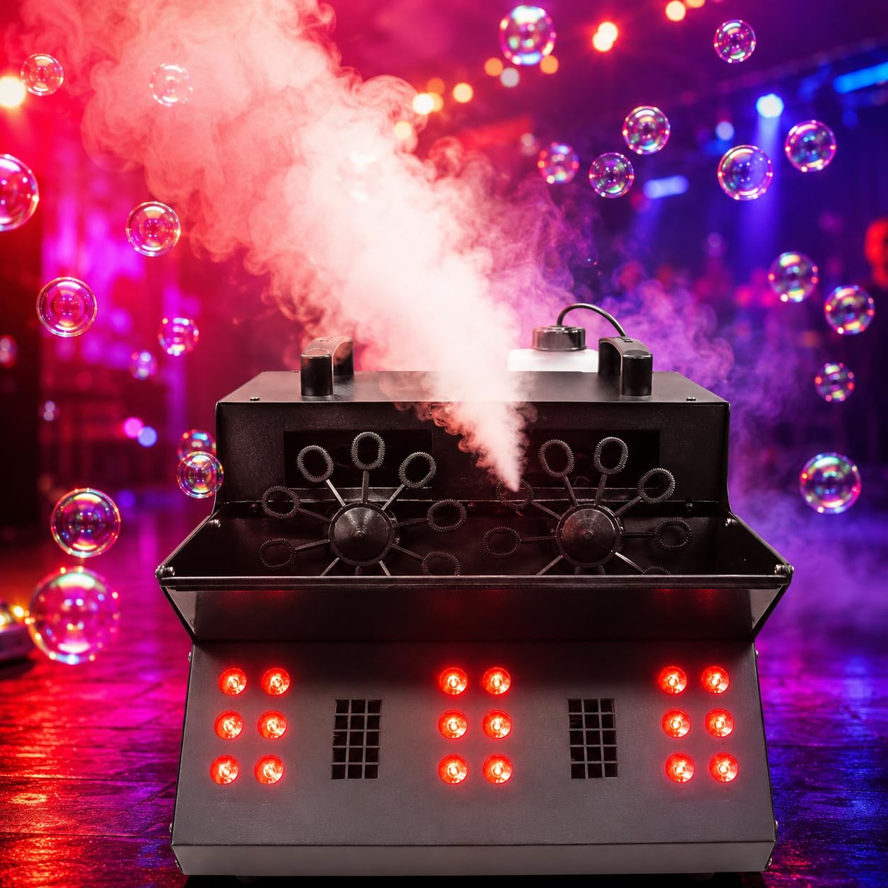 Nebelrauchmaschine mit RGB-LED-Lichtern, Bubble Fans für Bühneneffekte, Partys, Hochzeiten, Halloween - Bühnennebel mit 18 LED-Lichtern und 2 Seifenblasenventilatoren