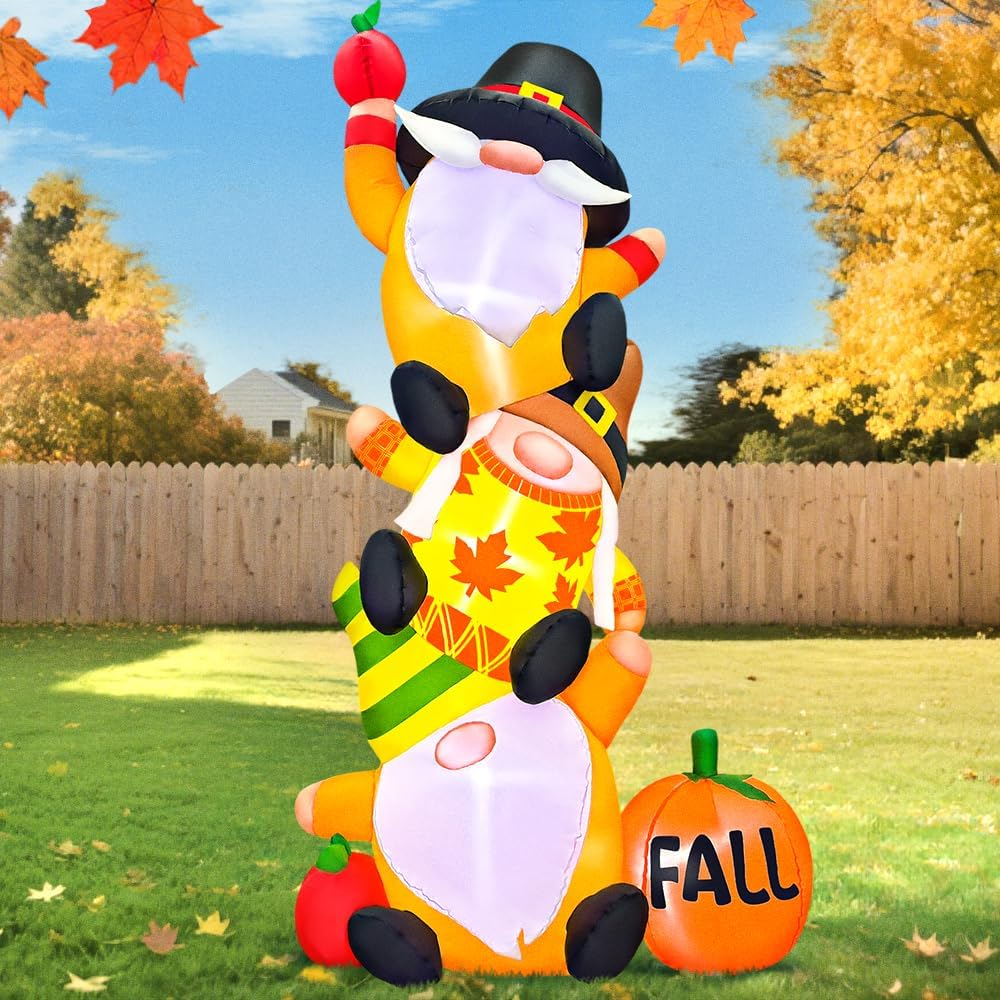 KOOY 6FT Thanksgiving Inflatables Decorations Blow Up Three Gnomes with Pumpkin Built-in LED Lights for Thanksgiving Festival Autumns Harvest Happy Outdoor Outside Indoor Lawn Holiday Decor