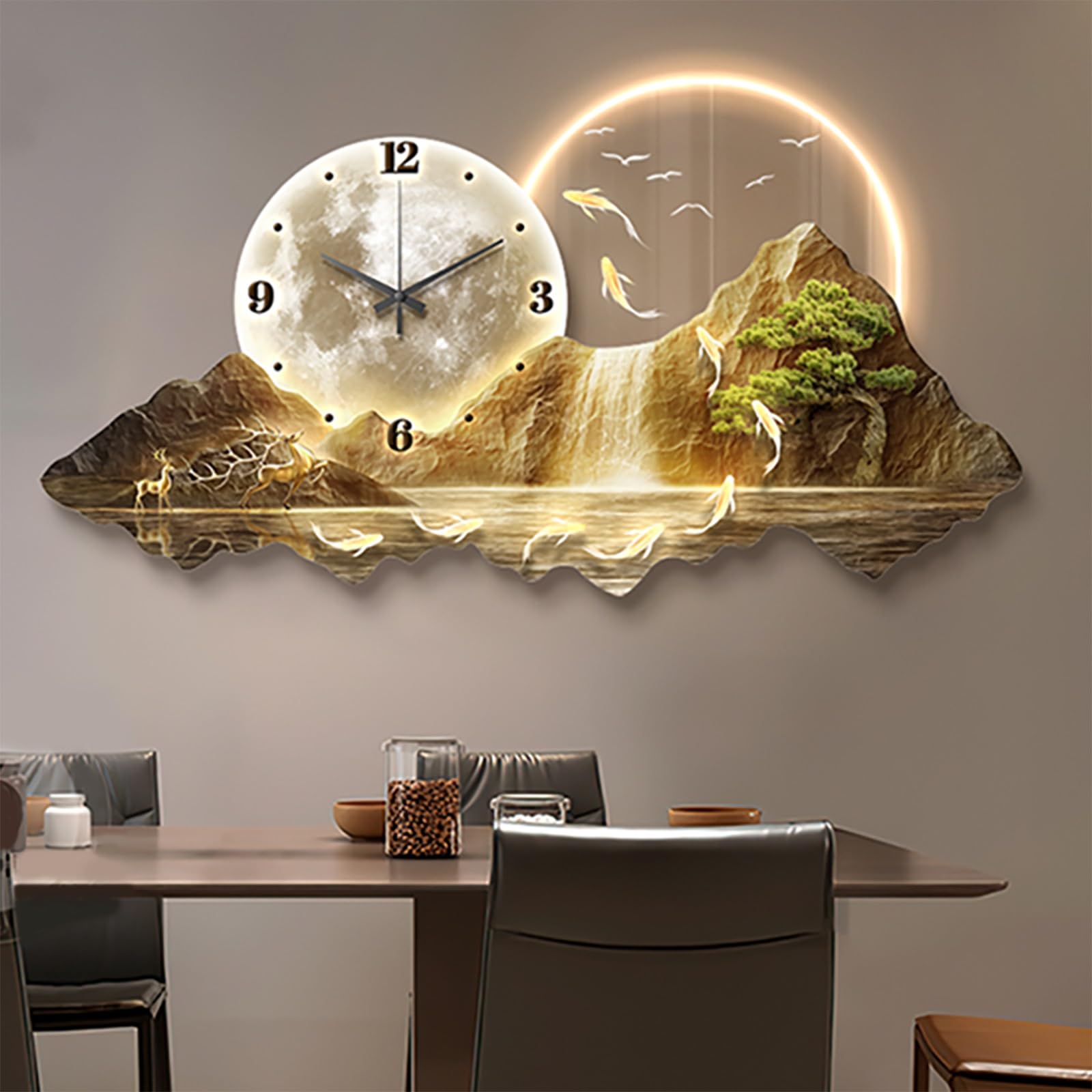3D Large Wall Clock with LED Light, Creative Silent Wall Clocks, Panoramic Landscape Wall Paintings with Clock, Wall Art for Bedroom, Living Room, Apartment, Office(Brown2,60*30cm/23.6*11.8in)