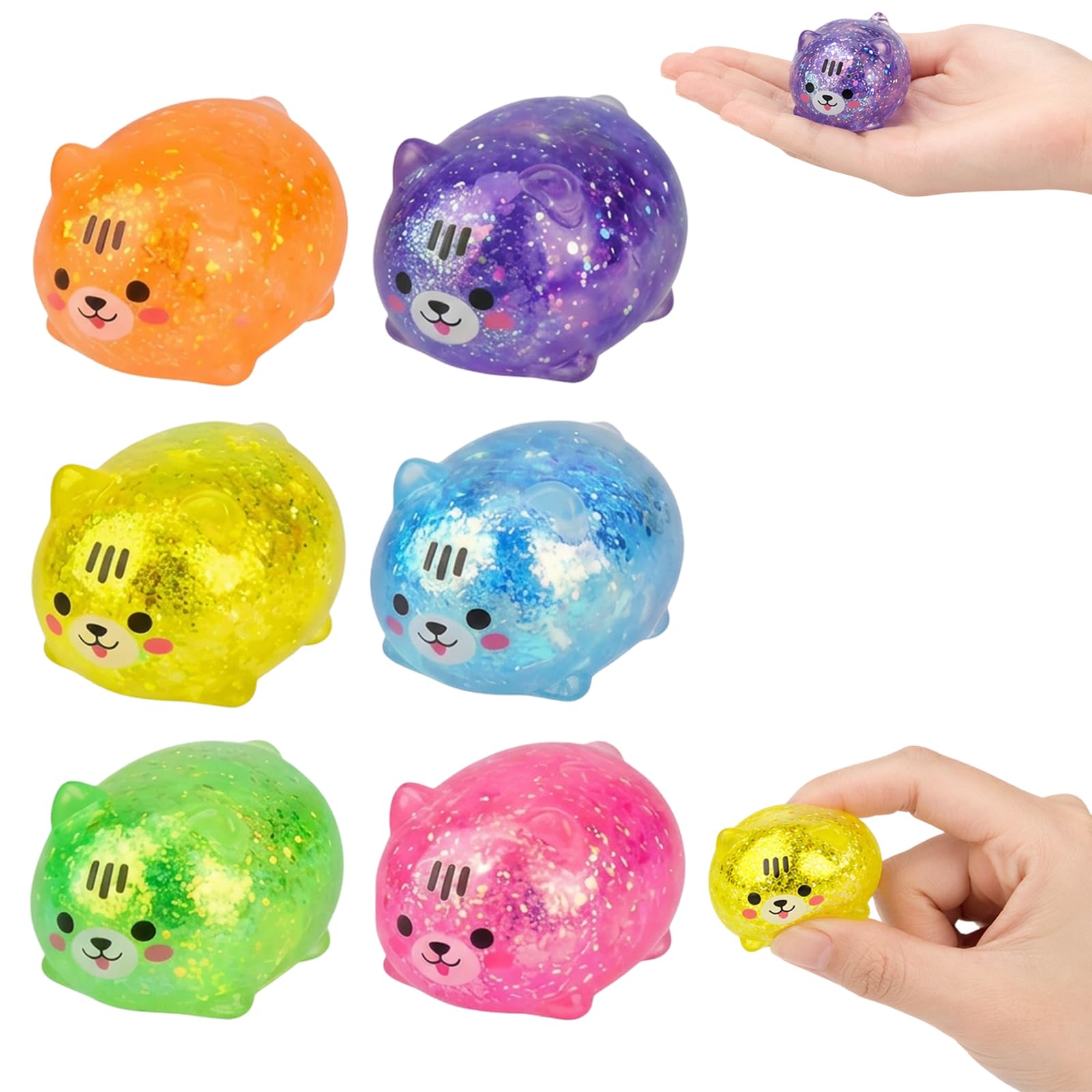 Cat Squishy, Glitter Stress Balls Set of 6, Sensory Fidget Toys for Anxiety Relief and Focus Enhancement, Soft Slow-Rising Squishies for Children and Adults, Office School and Travel Companion