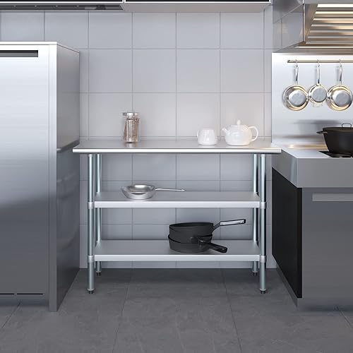 Miniatura 5 de AmGood - Mesa de trabajo de acero inoxidable con 2 estantes Base de metal para preparación de alimentos Mesa de trabajo para uso comercial y