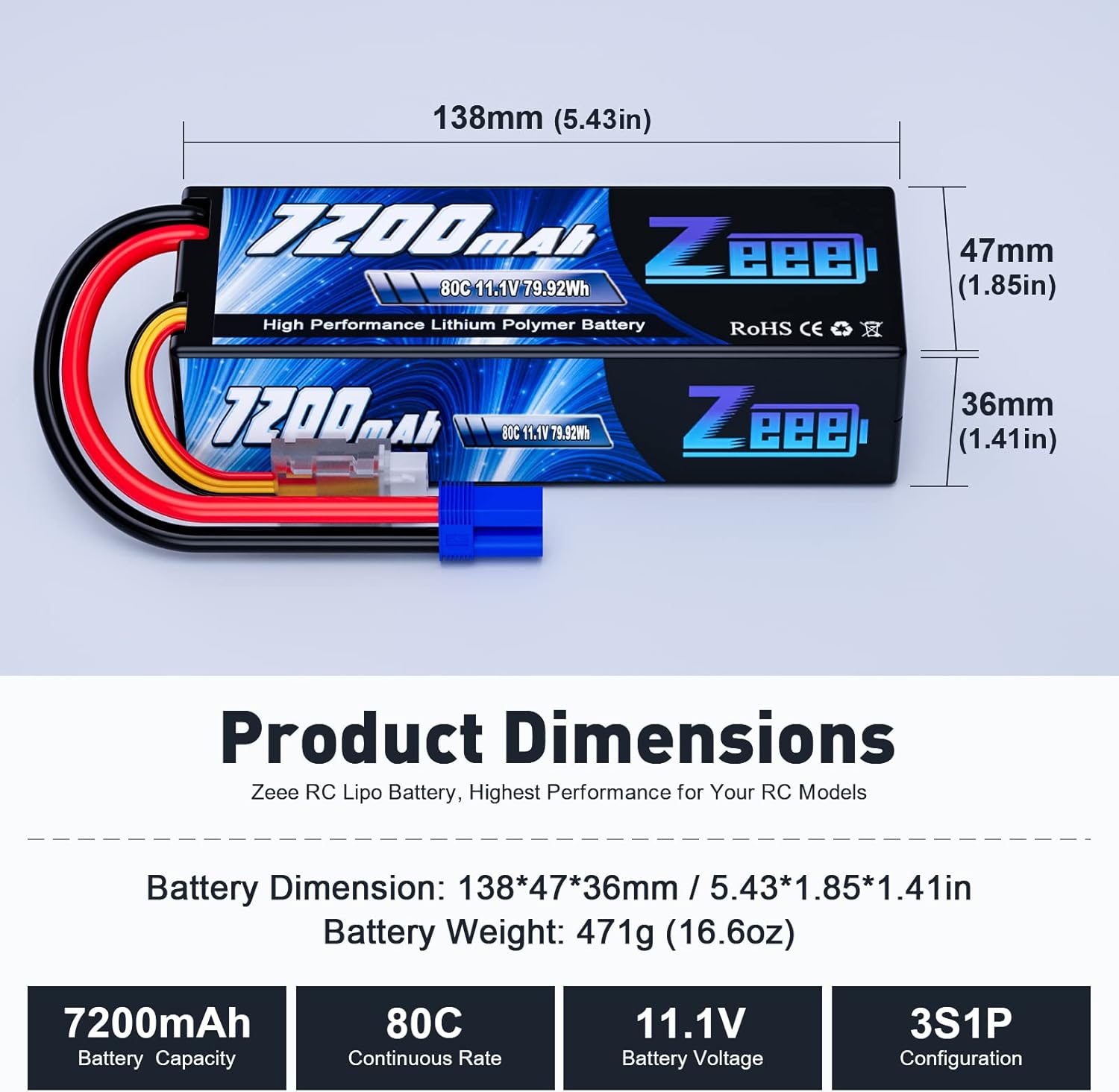 Zeee 3S Lipo Battery 7200mAh 11.1V 80C with EC5 Connector Hard Case Battery Compatible with RC Car RC Truck RC Boat LOSI Associated Racing Hobby (2 Packs)
