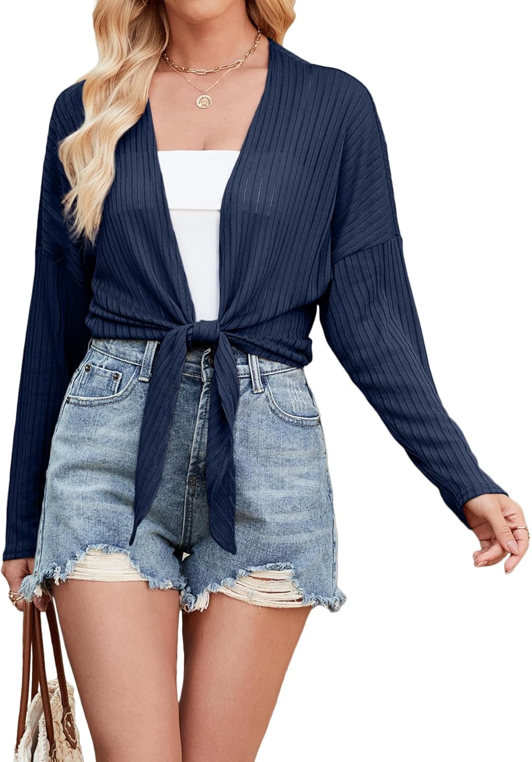 ZANZEA Tie Front Cardigan for Women Long Sleeve Sheer Bolero Shrug for Dresses Lightweight Cropped Shawl