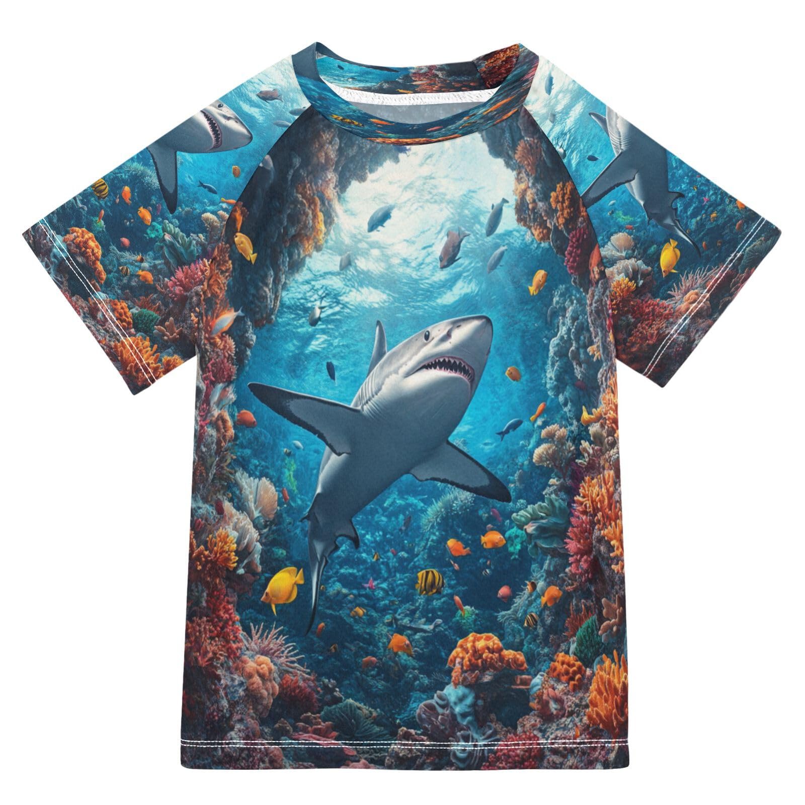 Boys Sun Shirts UV Protection Short Sleeve Rash Guard Swim Shirt Shark Water Shirt Rashguard 11-12T,16