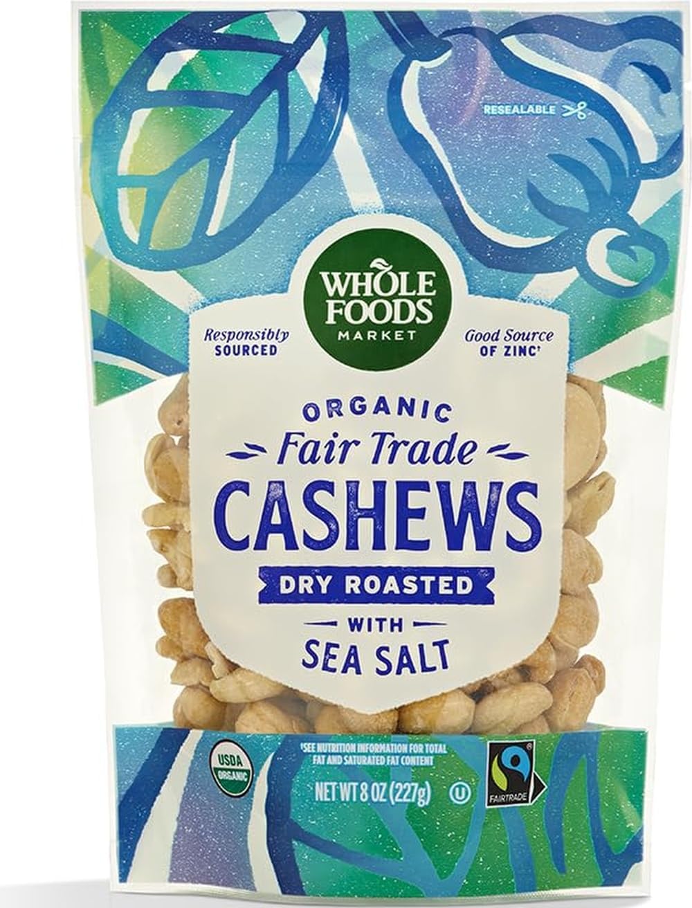 Whole Foods Market, Organic Cashews Dry Roasted Sea Salt Fair Trade 8 Ounce