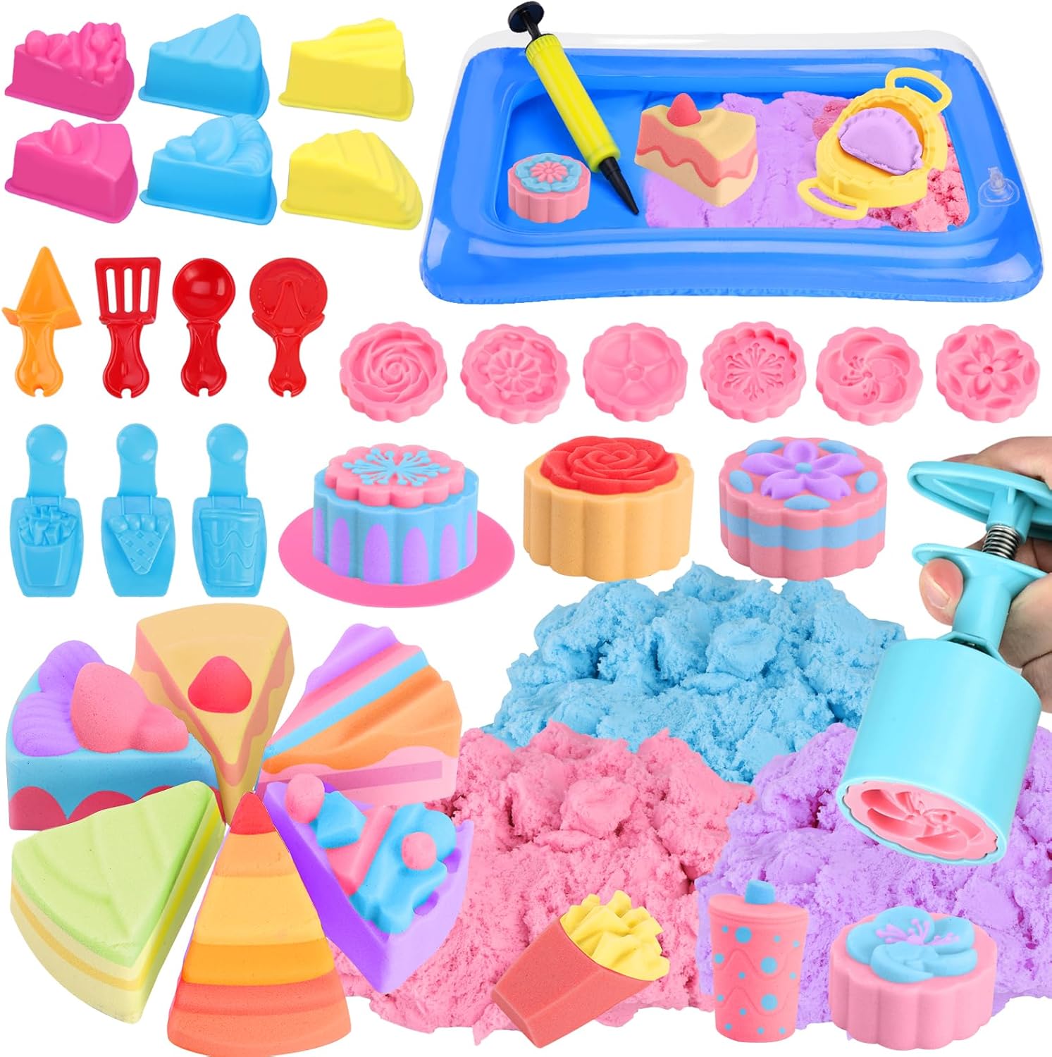Crelloci Cake Play Sand Toys, Sensory Bin with 3 Colors Sand, Inflatable Sandbox & Air Pump, 12 Cake & 5 Shaped Molds, Tools, Art Kit Gift for Kids Toddlers Girls Boys Ages 3 4 5 6 7 8 9 Years Old