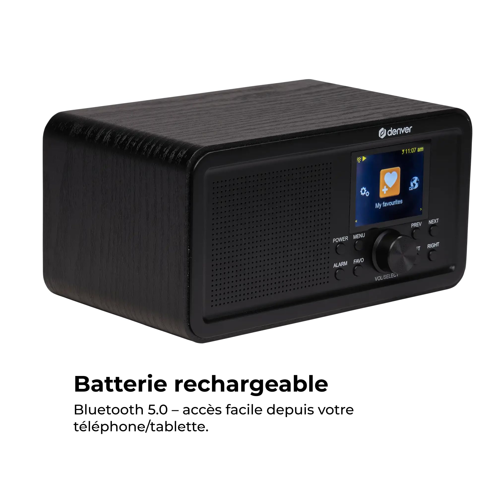 Denver DIR-200 Radio Internet Dab+/FM Wi-FI Bluetooth 5.0, écran 2,4 Pouces, AUX, Piles AA ou USB-C, Noir