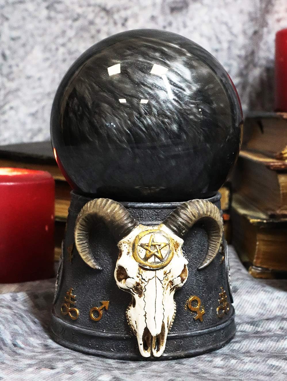 Ebros Sabbatic Goat of Mendes Samael Lilith Baphomet Skull with Pentagram Sigil Black Sandstorm Ball Decorative Statue 6" Tall LaVeyan Sand Storm Gazing Balls Accent
