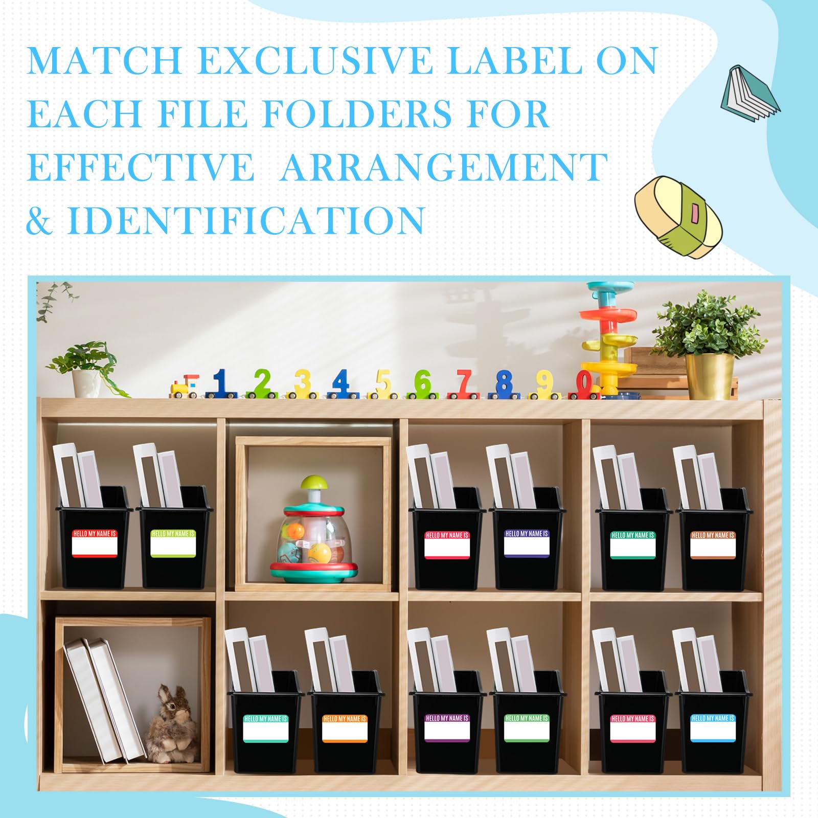Fuutreo 12 contenitori per libri con etichette, impilabili, in plastica, per scuola, ufficio, biblioteca, organizzazione, contenitori, forniture