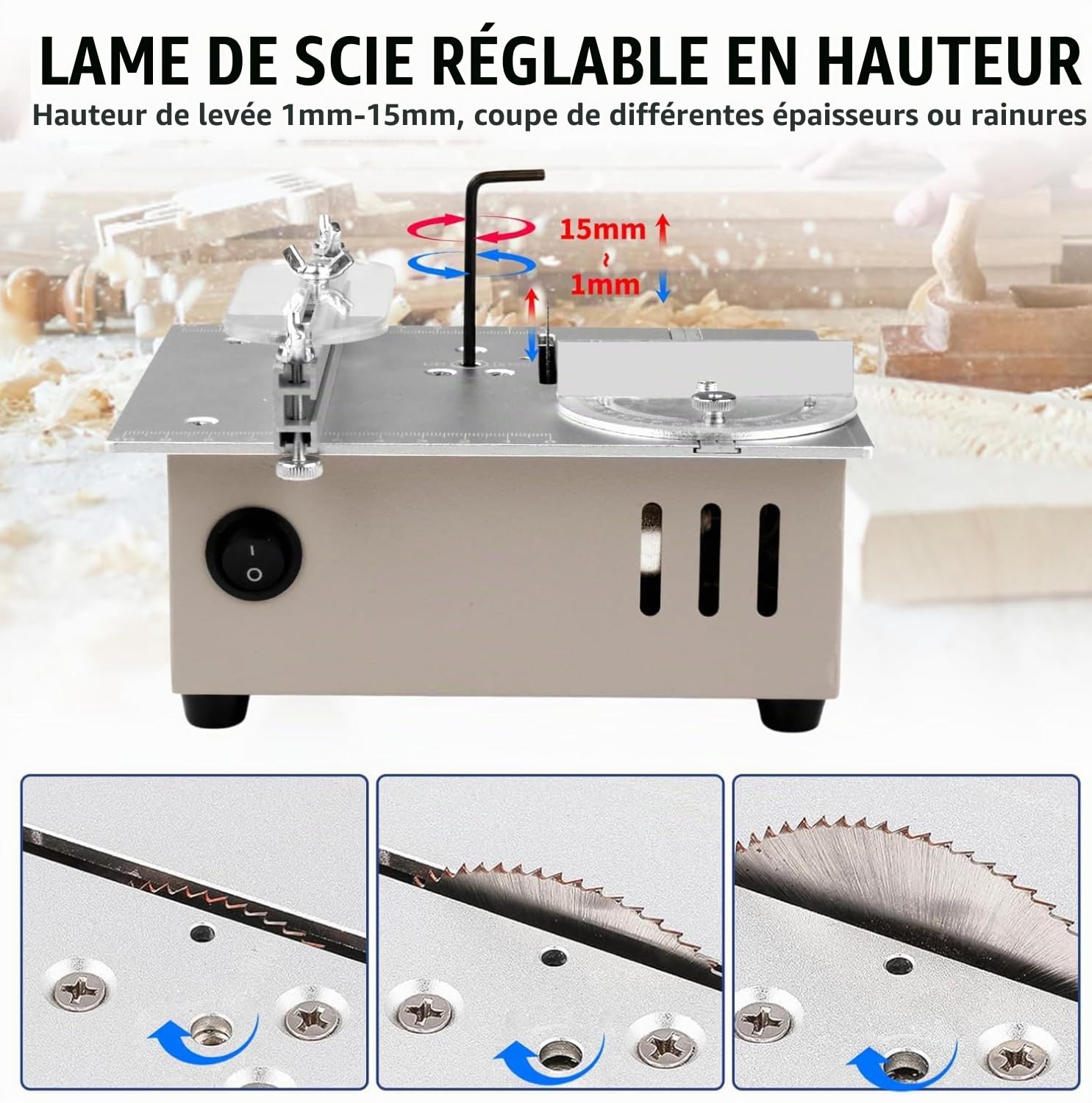 Mini scie circulaire de table avec disque de polissage et 4 lames, mini scie circulaire avec bloc d'alimentation à 7 vitesses, lame de scie réglable en hauteur de 0,1 à 15 mm, portable, petite scie