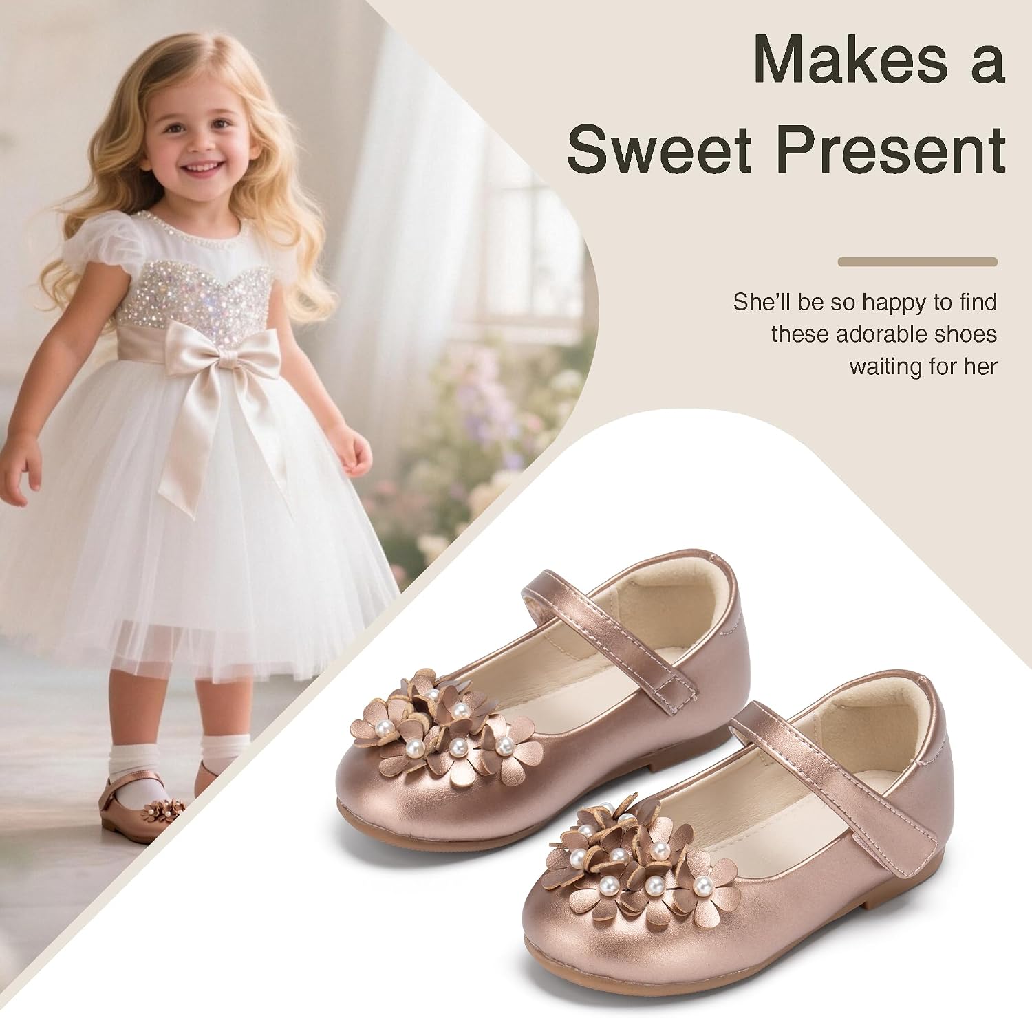 THEE BRON Toddler Mary Janes Ballet Dress Flats Flower Girl Sparkly Pearl Shoes
