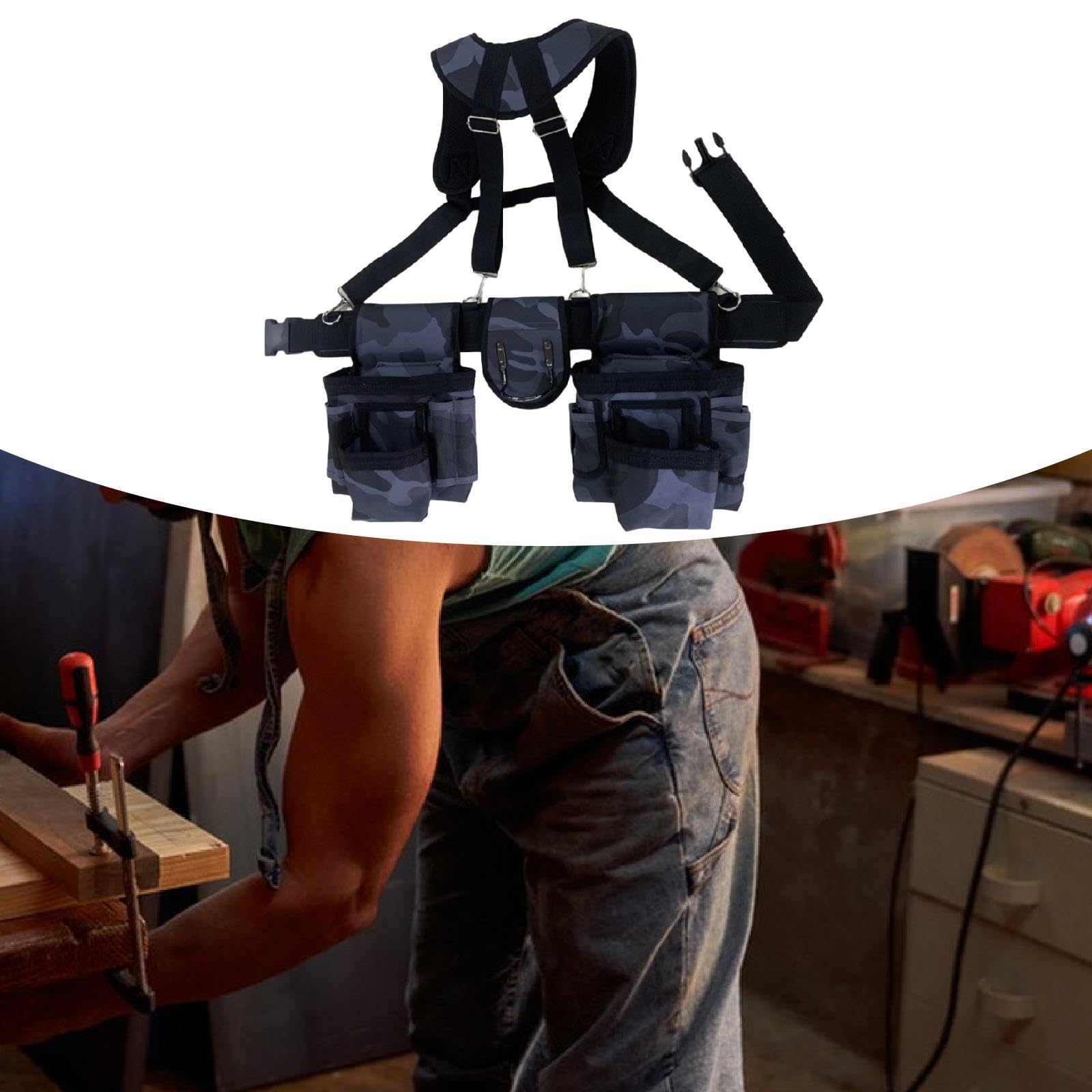 Ceinture Porte-outils avec Bretelles, Pochette Porte-outils, Pochette Porte-outils Ajustable à La Hanche, Organiseur pour électriciens et Ouvriers Du, Bleu Gris