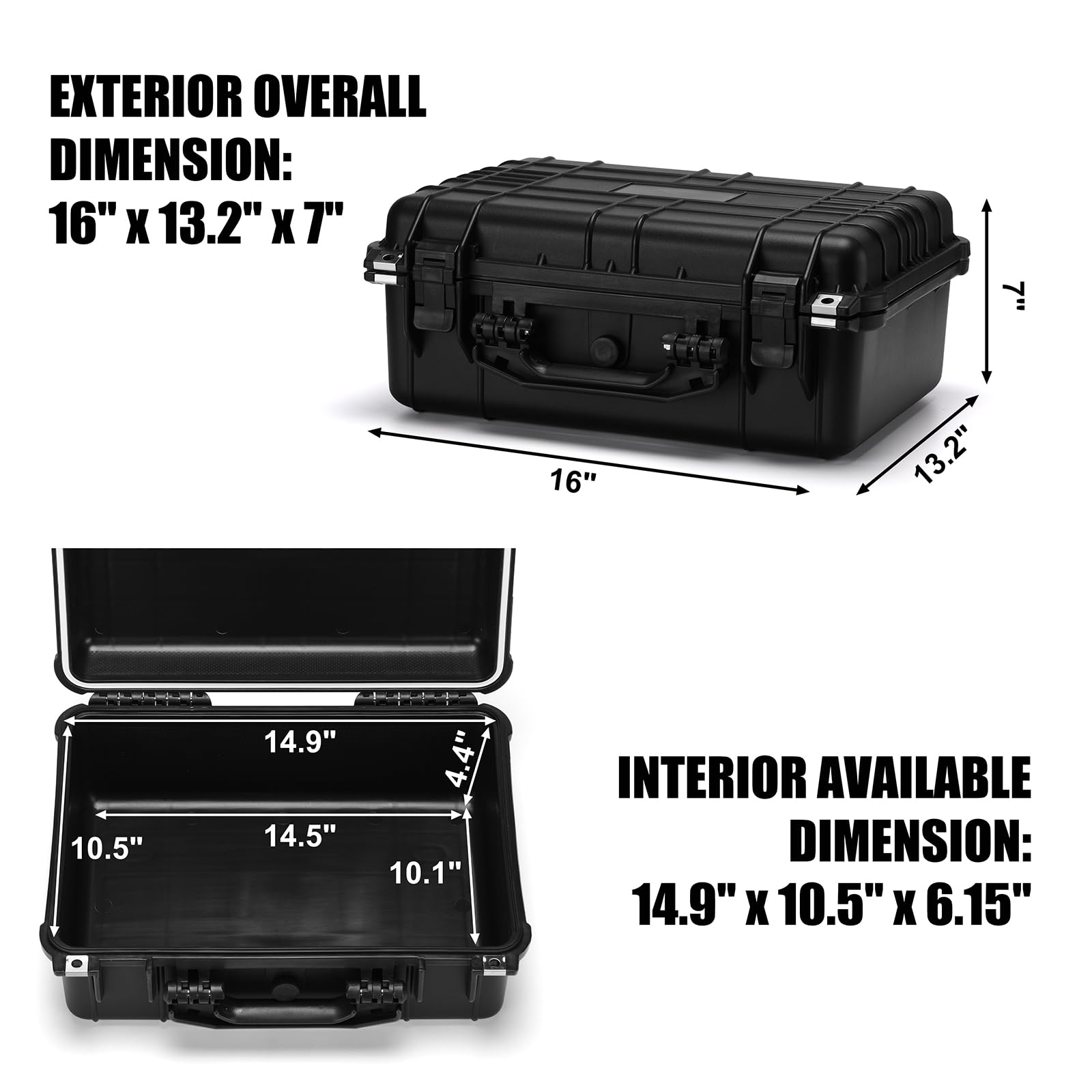 Mayouko Caja de herramientas de plástico impermeable de 16 pulgadas con inserto de espuma, 16 x 13.2 x 7 pulgadas, caja de almacenamiento con cerradura IP67, espuma personalizable, funda rígida a