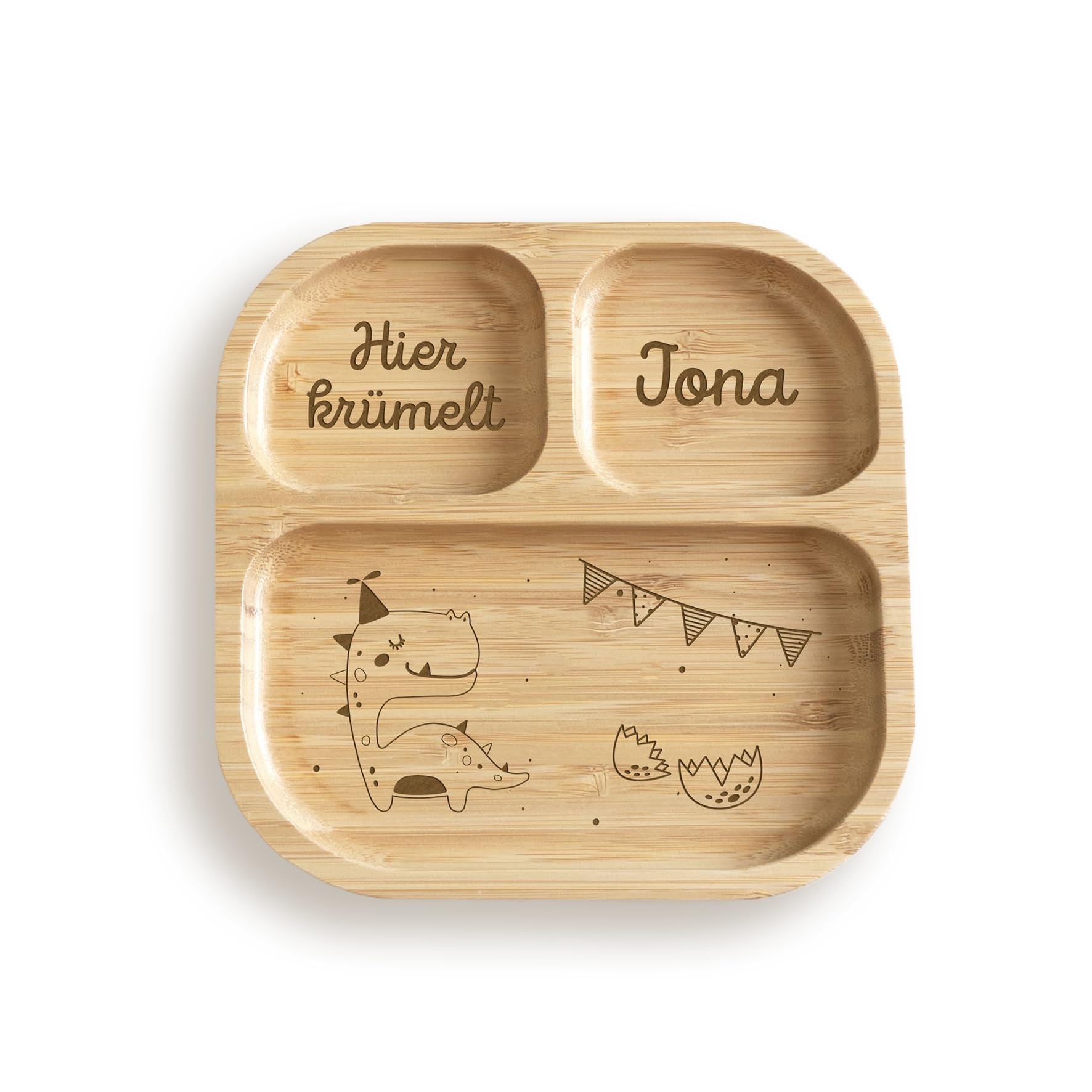hellomini Personalisierter Babyteller mit Saugnapf – Individueller Kinderteller aus hochwertigem Bambusholz – Geschenk zur Geburt & Taufe – BPA-frei (Dino, Nur Teller)