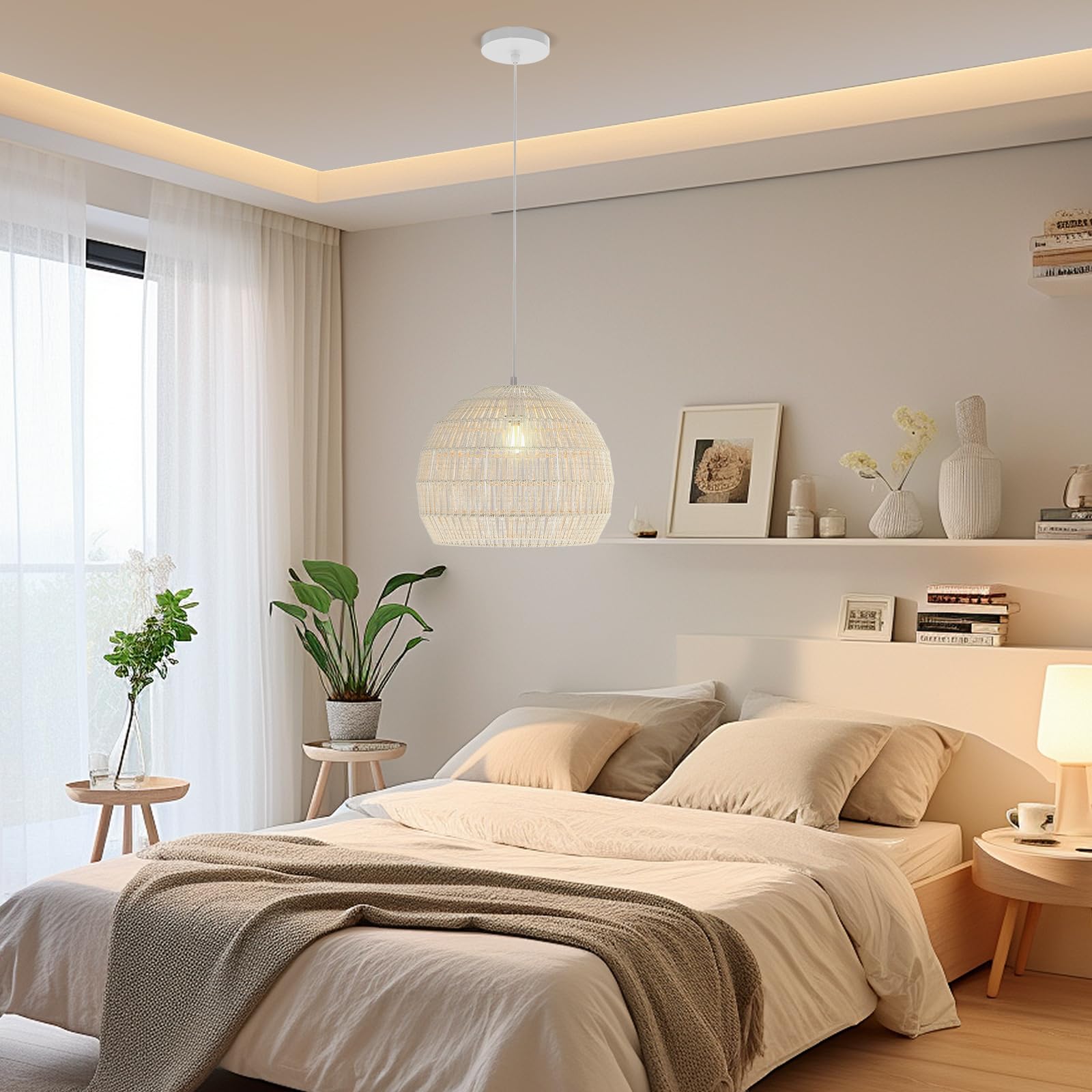 GOPLUS Suspension Luminaire Sphérique 34 x 43 CM, Lustre Salon avec Abat-jour en Papier Huilé, Hauteur Réglable 30-150 CM, Facile à Installer, Idéal pour Salle à Manger, Salon, Chambre (Beige)