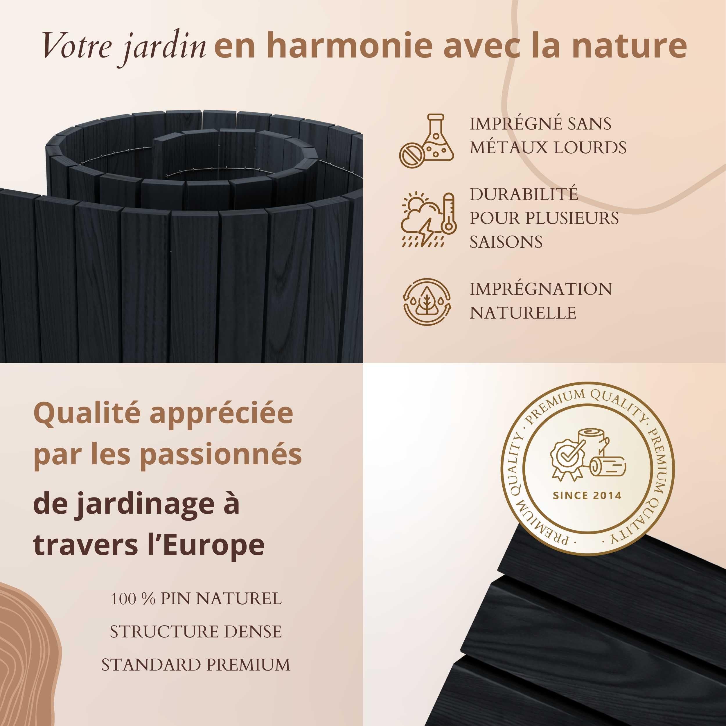 Floranica Bordure de Jardin en Bois Flexible 40 x 200 cm Noir avec piquets, idéale pour délimiter pelouse et massifs de Fleurs