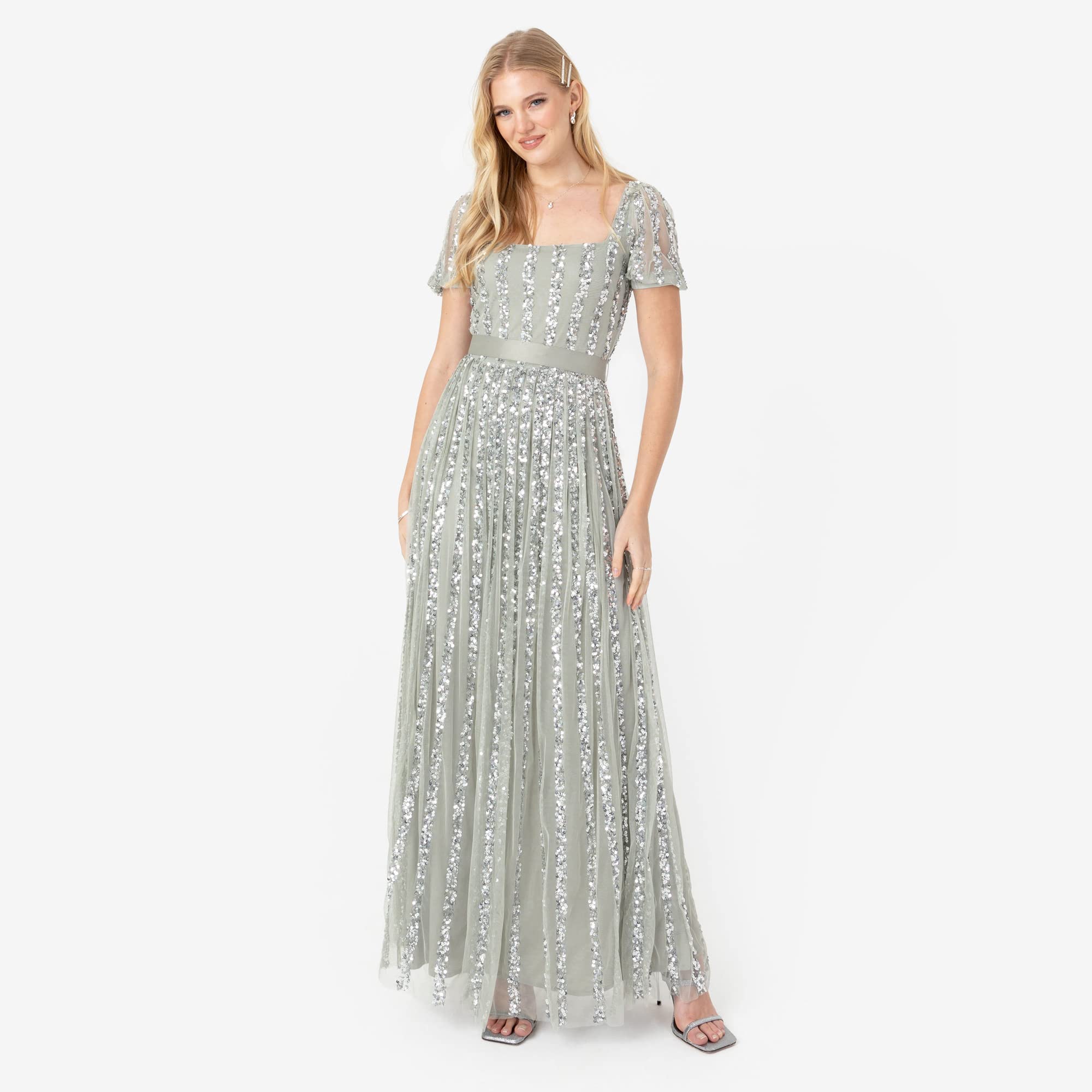 Maya Deluxe Damska sukienka maxi, sukienka na imprezę, kwadratowa sukienka z dekoltem w kształcie litery A Cut Evening Gown for Wedding Guest Black sukienka, czarna, czarny, 40