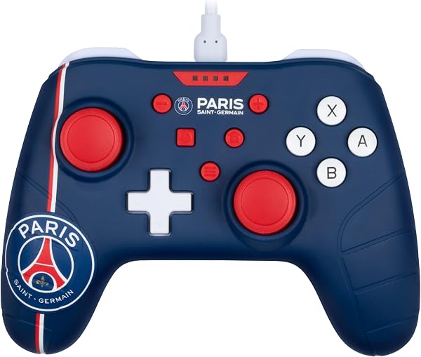 Konix PSG Manette filaire pour Nintendo Switch, Switch 2 et PC - Fonction vibration - Câble 3 m - Bleu, blanc et rouge - 1