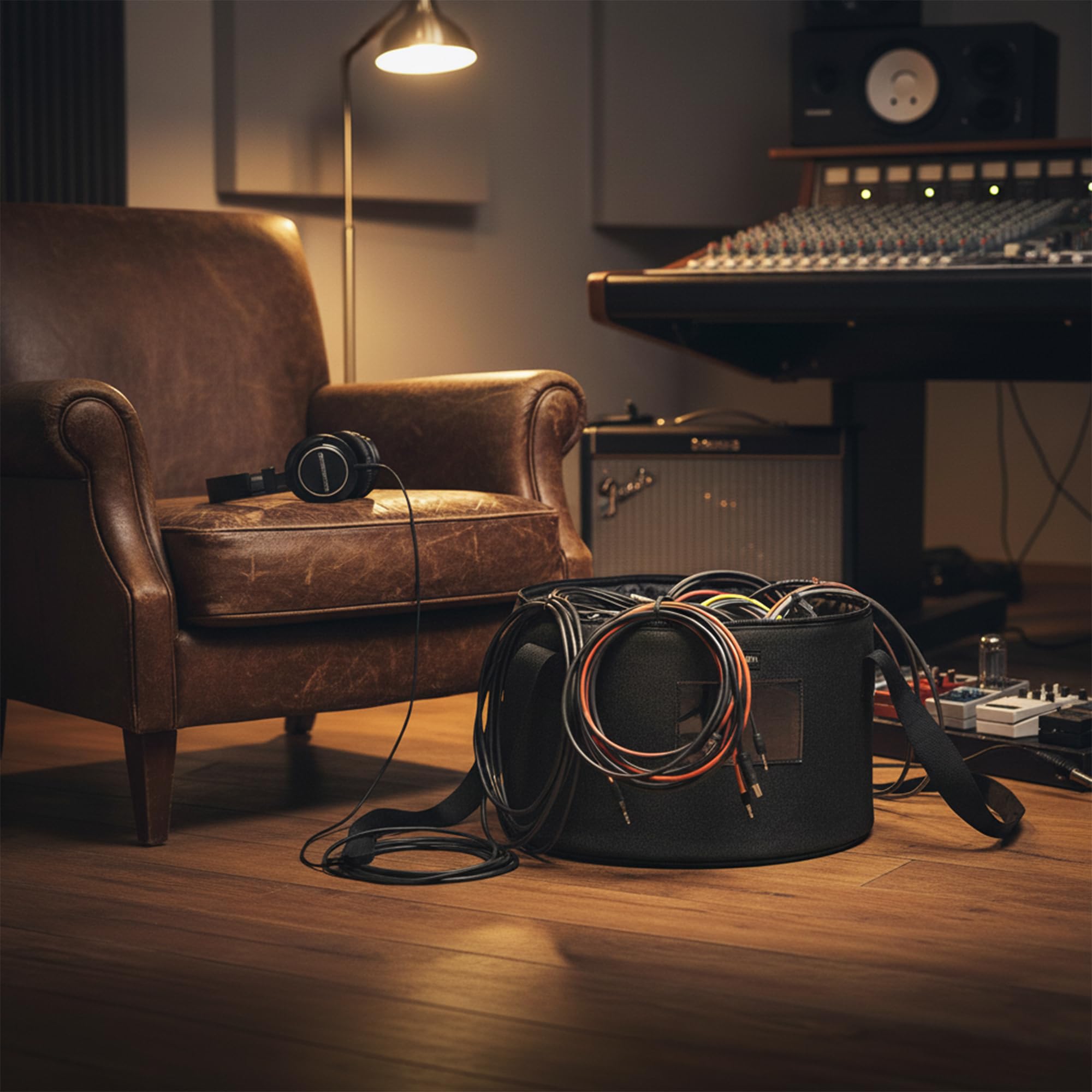 Musiin Borsa per accessori per chitarra, basso, tastiera, cavi e adattatori multifunzione rotondo, tasca interna in rete per connettori, organizer per attrezzi musicali comodo ed elegante., Nero