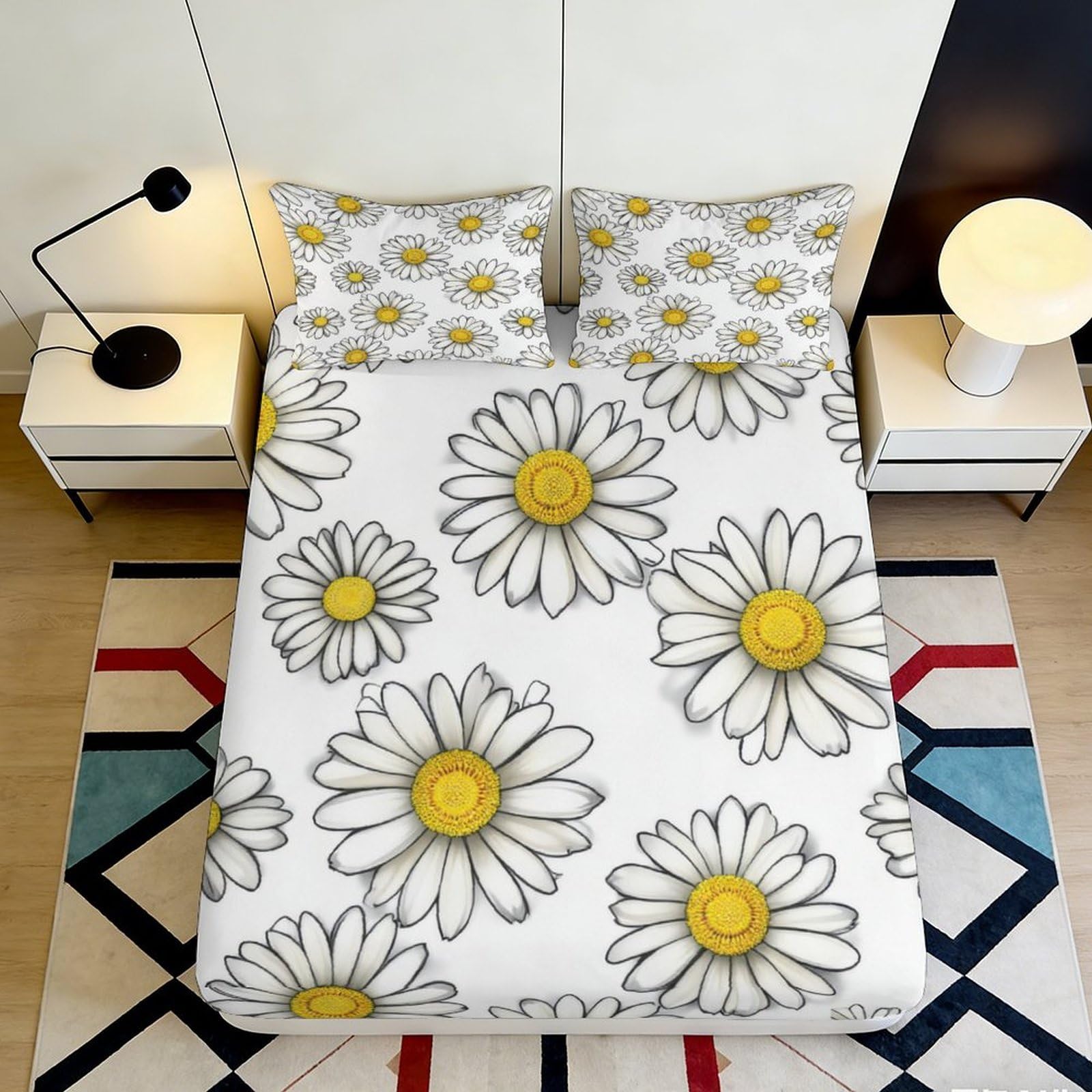 3D Printed Daisy Flower Fitted Sheet Microfiber Soft Mattress Cover for Bedroom Decor, Non-Slip, Machine Washable 140x200x25cm