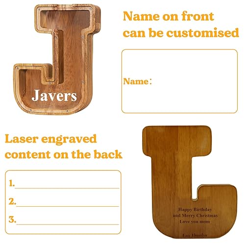 Miniatura 4 de Alcancía grande de madera con nombre personalizado para niños y niñas, alfabetos, letras A-Z, monedas, billetes, cambio de dinero, caja bancaria