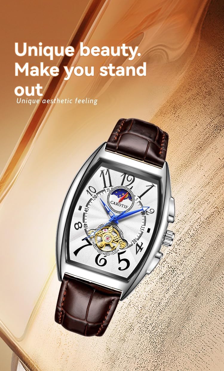BESTKANG Orologio da polso da uomo, completamente automatico, a carica automatica, numeri arabi, lancette blu, in pelle