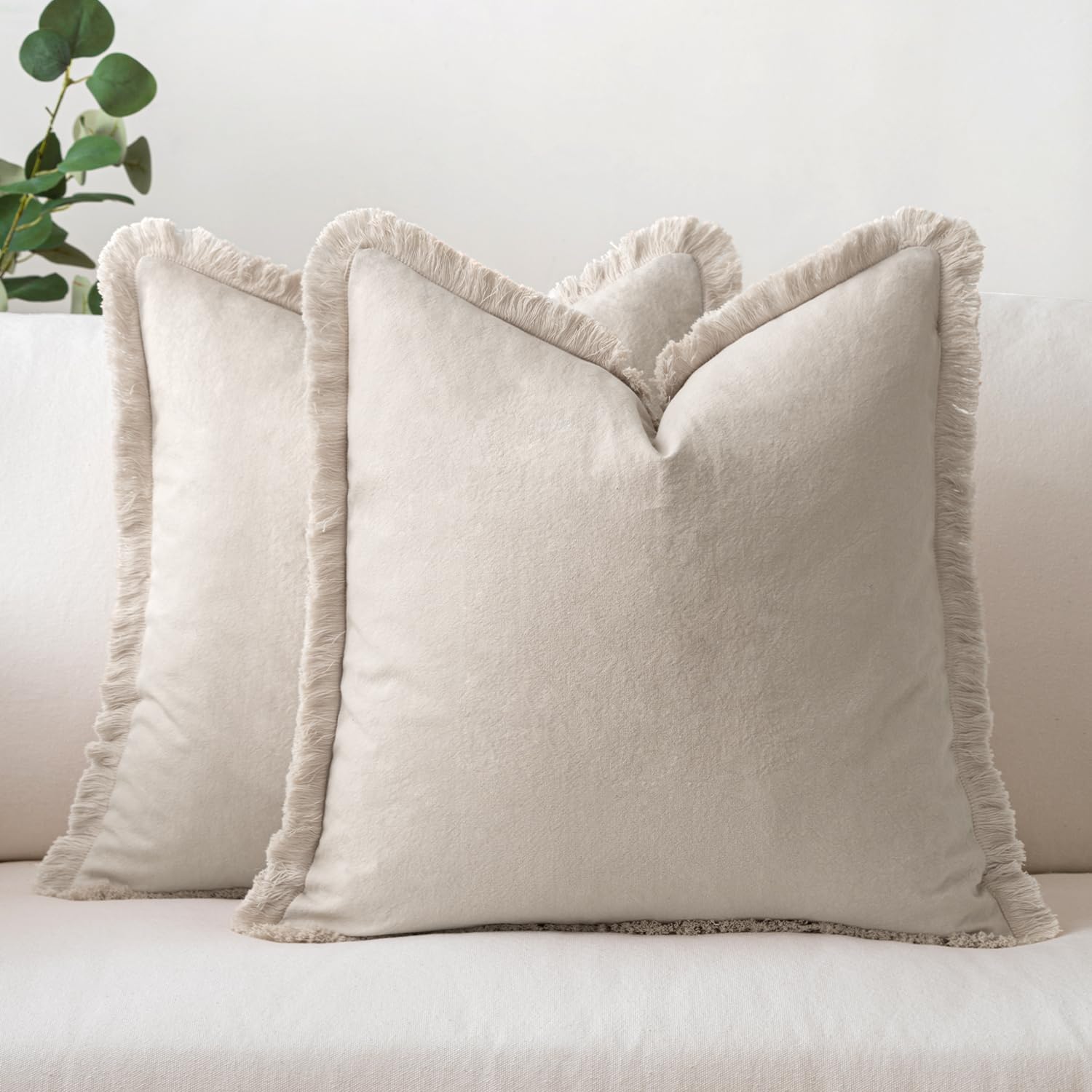 MIULEEThrow Pillow Covers 18x18 Set of 2 Beige Pillow Covers with Fringe Chic Cotton Decorative Pillows Square Cushion Covers Farmhouse Boho Decor for Sofa Couch Bed Living Room