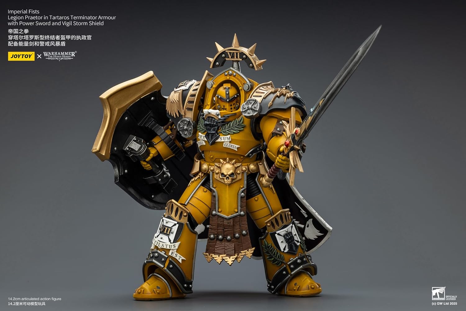 JOYTOY Warhammer 30k Horus Heresy Imperial Fists Legion Praetor in Tartaros Terminator Armour with Power Sword and Vigil Storm Shield 1:18 Action Figure Joy Toy Model Mecha Ages 15+, Height 5.6 inch