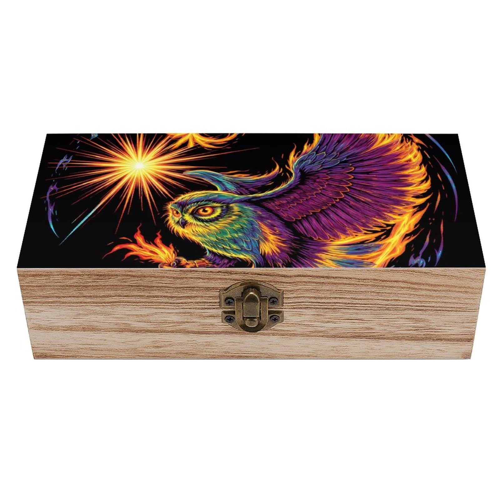 SMAZDFXX Abstract Flame Owl Fire Art Wooden Storage Box With Hinged Lid Decorative Front Clasp Keepsake Boxes